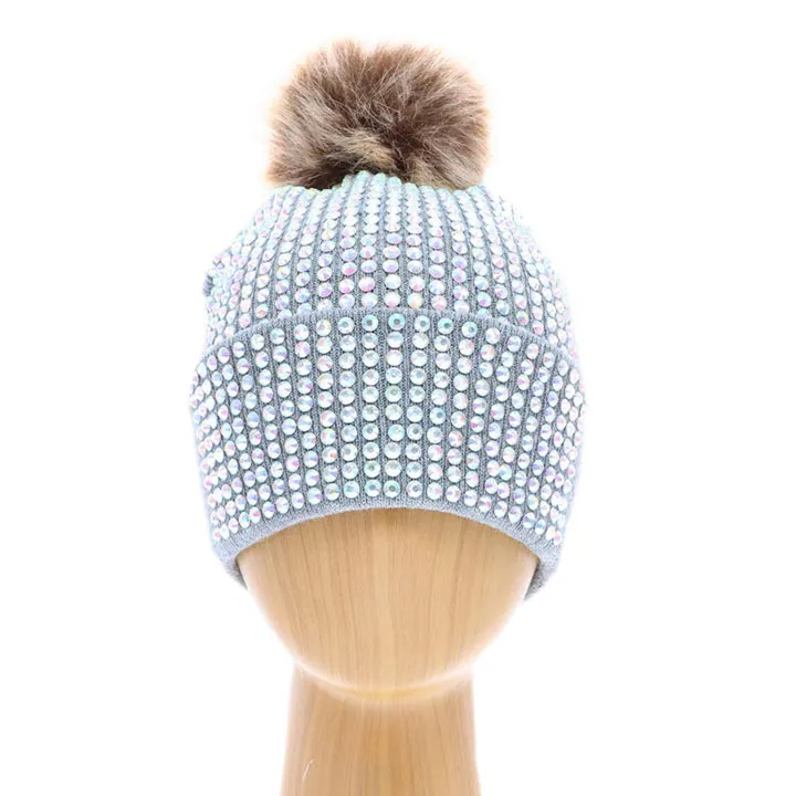 Double Layer Bedazzled Cuffed Pom Pom Beanie Hat