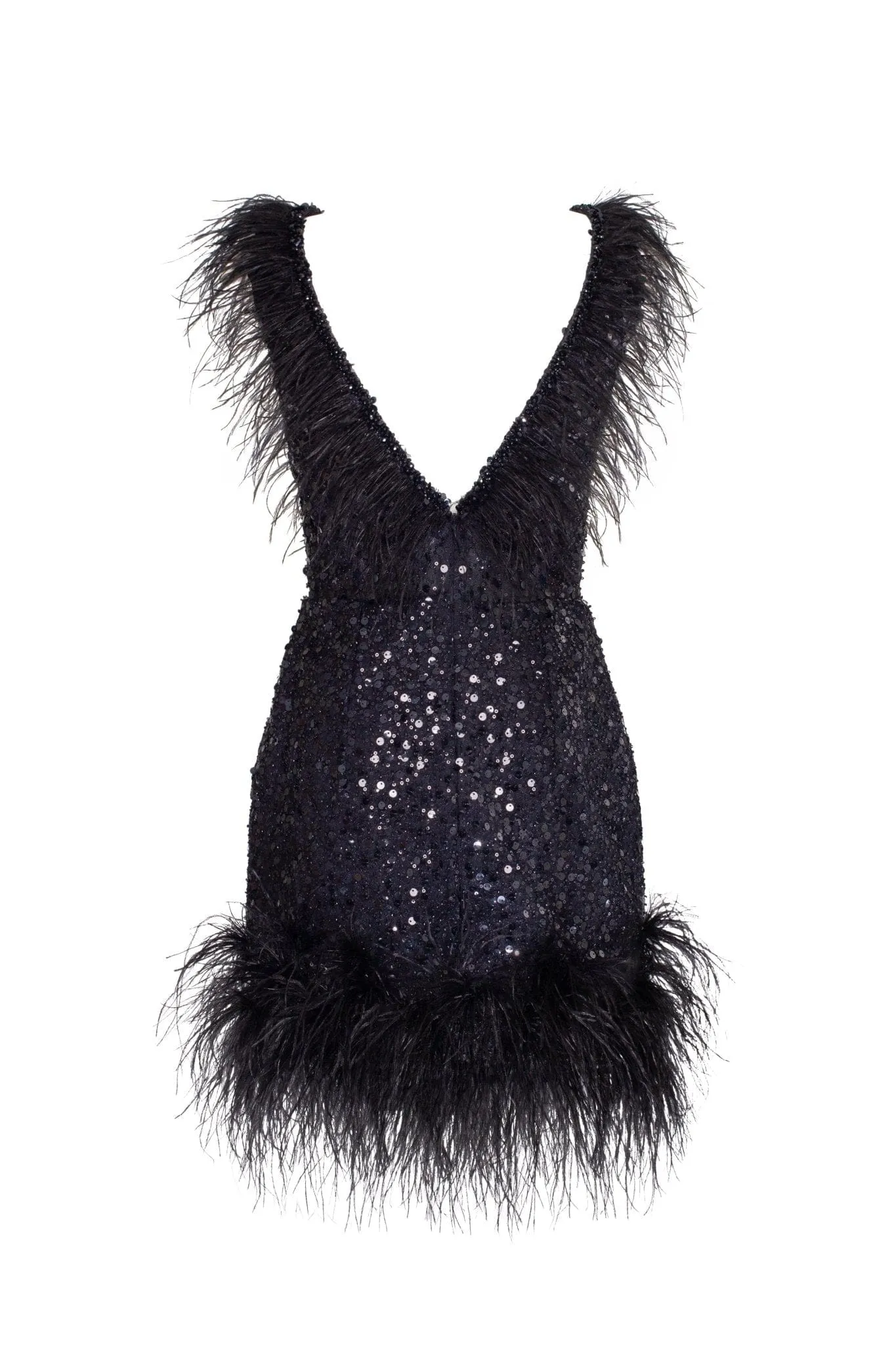 Dramatic cocktail dress on straps decorated with sequins and feathers