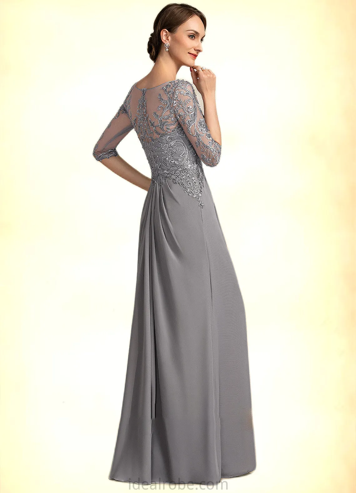 Emerson A-Line Scoop Neck Floor-Length Chiffon Lace Mother of the Bride Dress With Beading Sequins Cascading Ruffles STK126P0014529