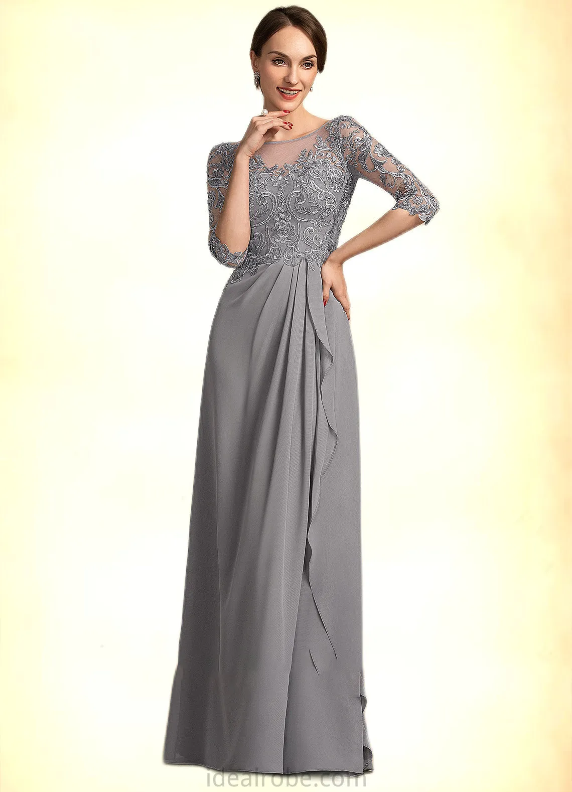 Emerson A-Line Scoop Neck Floor-Length Chiffon Lace Mother of the Bride Dress With Beading Sequins Cascading Ruffles STK126P0014529