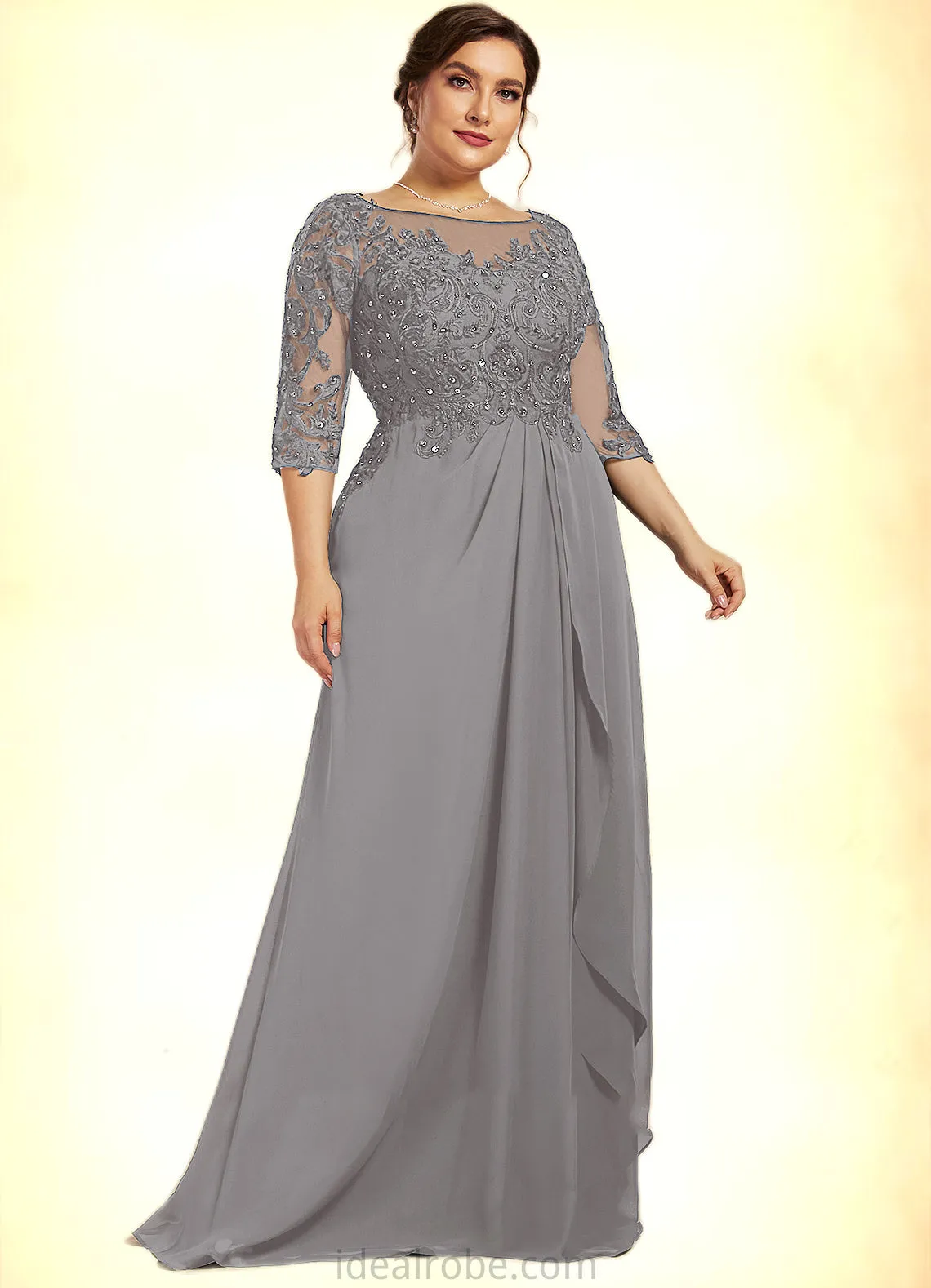 Emerson A-Line Scoop Neck Floor-Length Chiffon Lace Mother of the Bride Dress With Beading Sequins Cascading Ruffles STK126P0014529