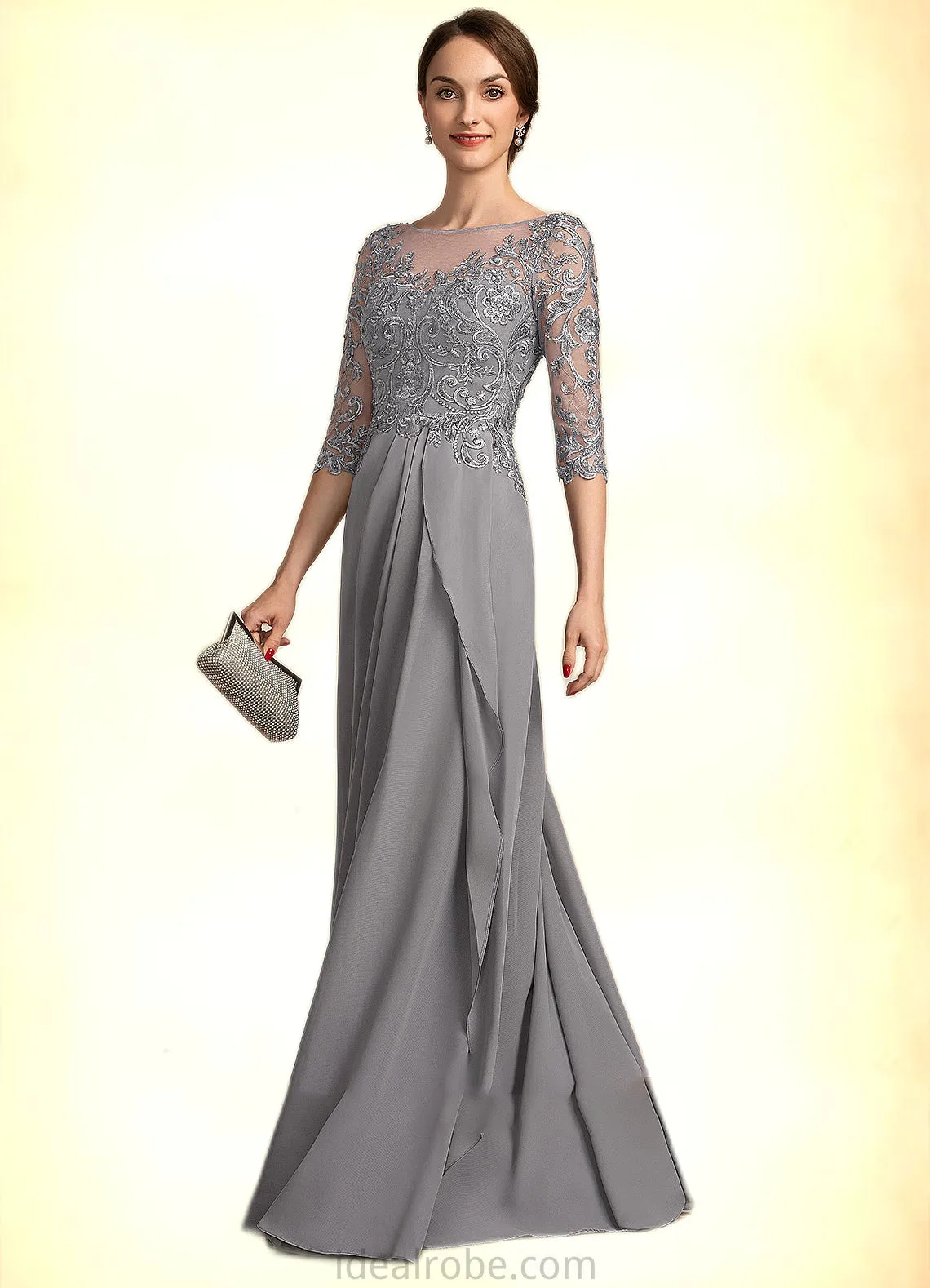 Emerson A-Line Scoop Neck Floor-Length Chiffon Lace Mother of the Bride Dress With Beading Sequins Cascading Ruffles STK126P0014529