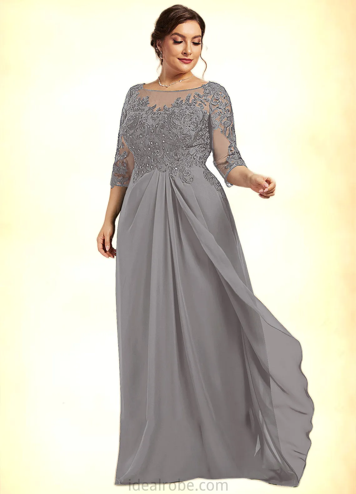 Emerson A-Line Scoop Neck Floor-Length Chiffon Lace Mother of the Bride Dress With Beading Sequins Cascading Ruffles STK126P0014529