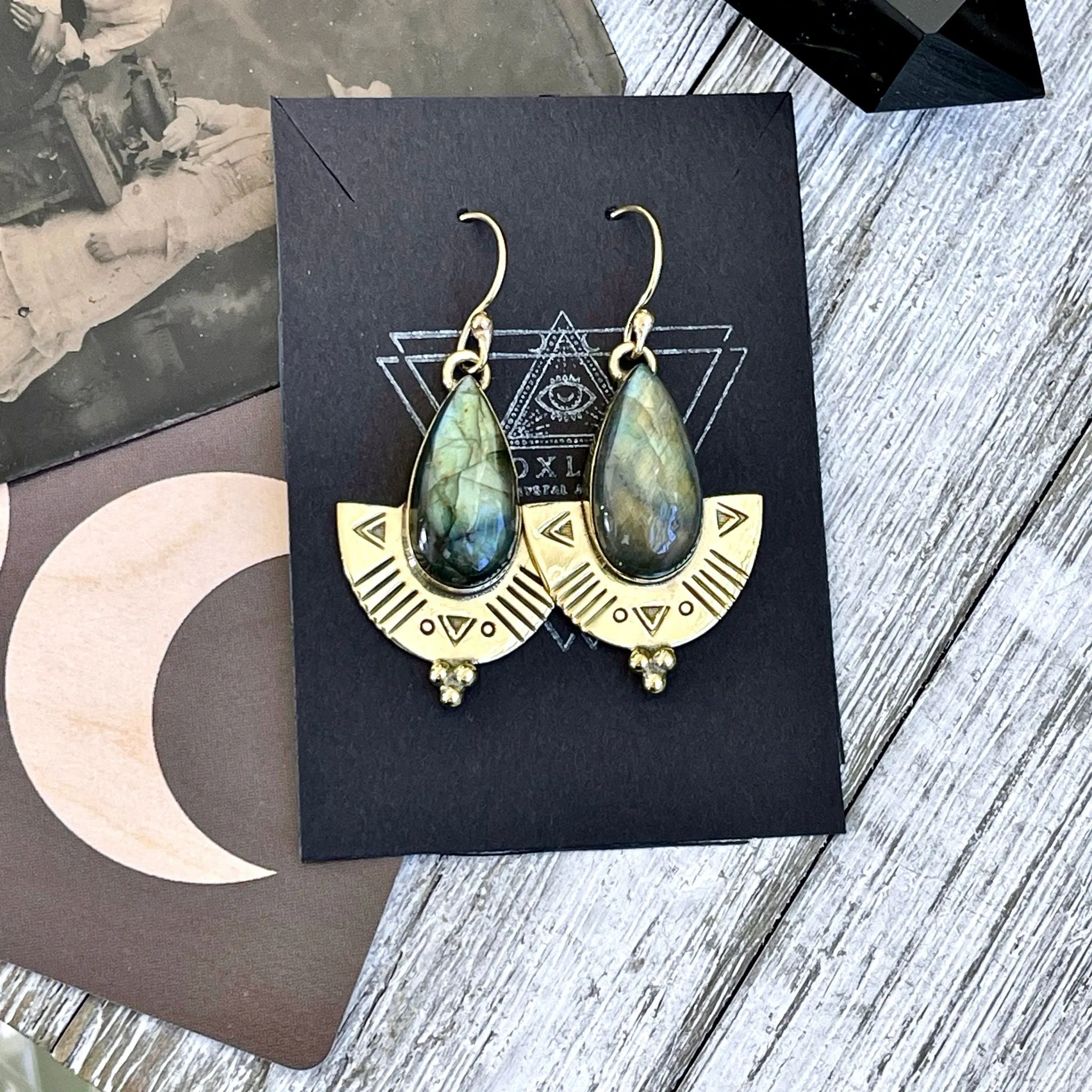 Etched Brass and Labradorite Shield Earrings