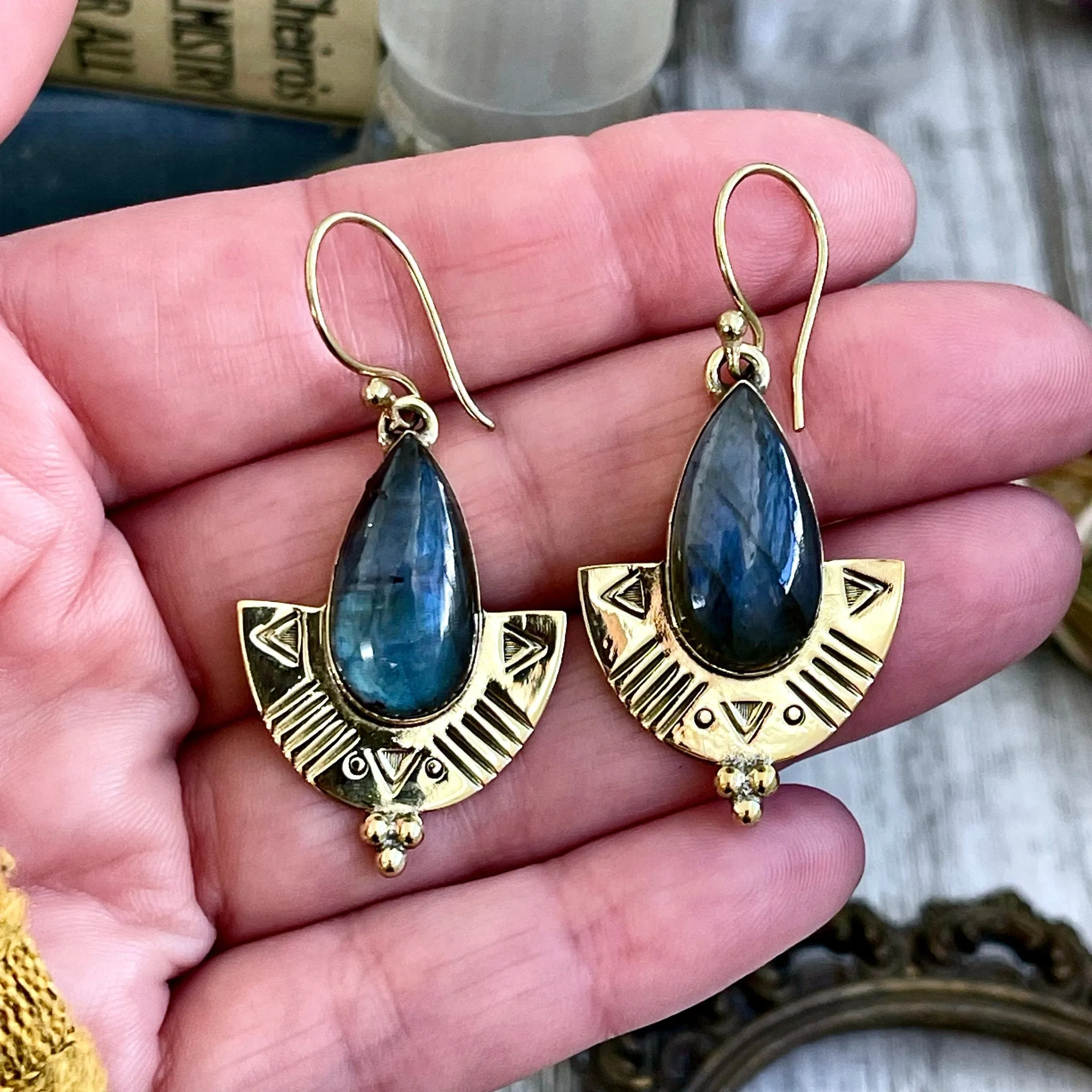 Etched Brass and Labradorite Shield Earrings