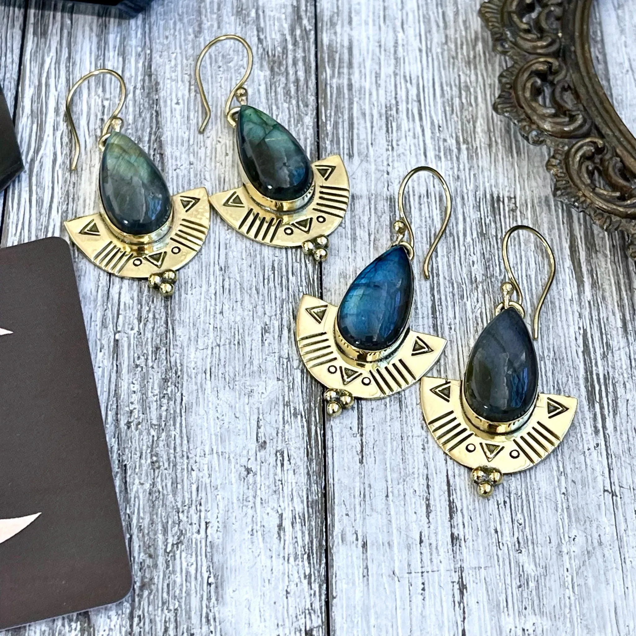 Etched Brass and Labradorite Shield Earrings