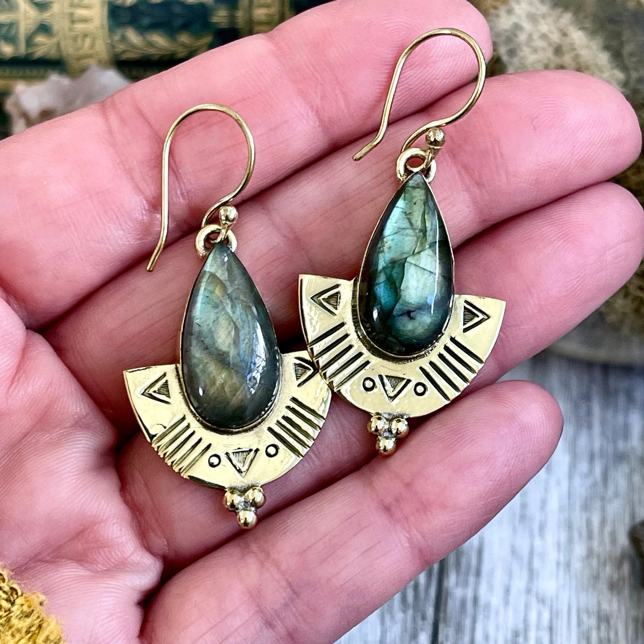 Etched Brass and Labradorite Shield Earrings