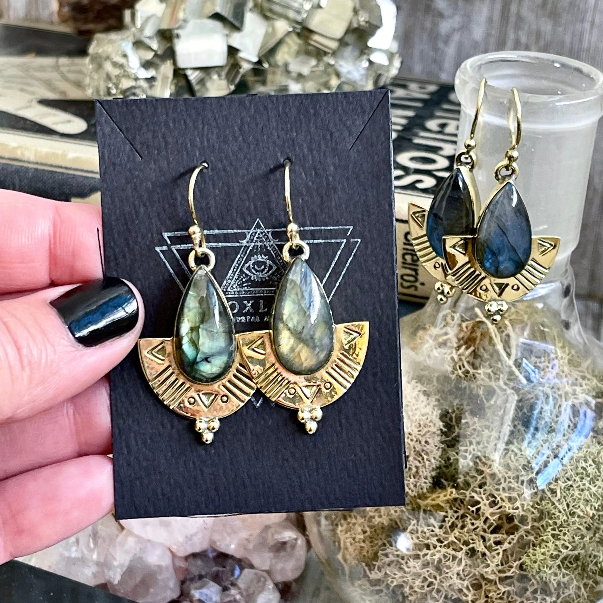 Etched Brass and Labradorite Shield Earrings