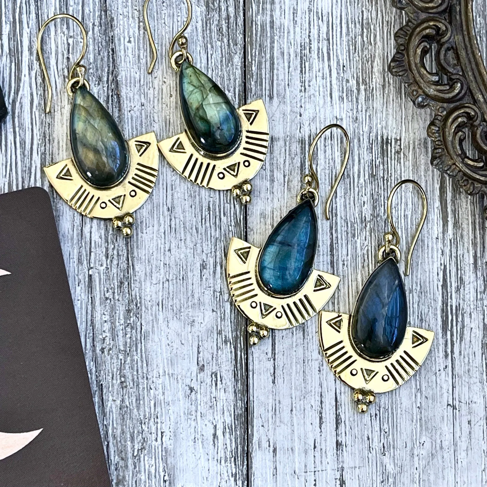 Etched Brass and Labradorite Shield Earrings