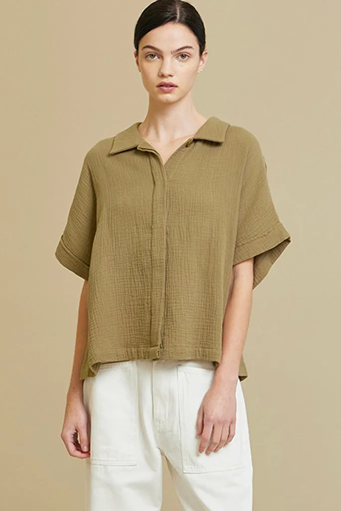 GRADE AND GATHER COTTON GAUZE SHIRT, SOY OR OLIVE