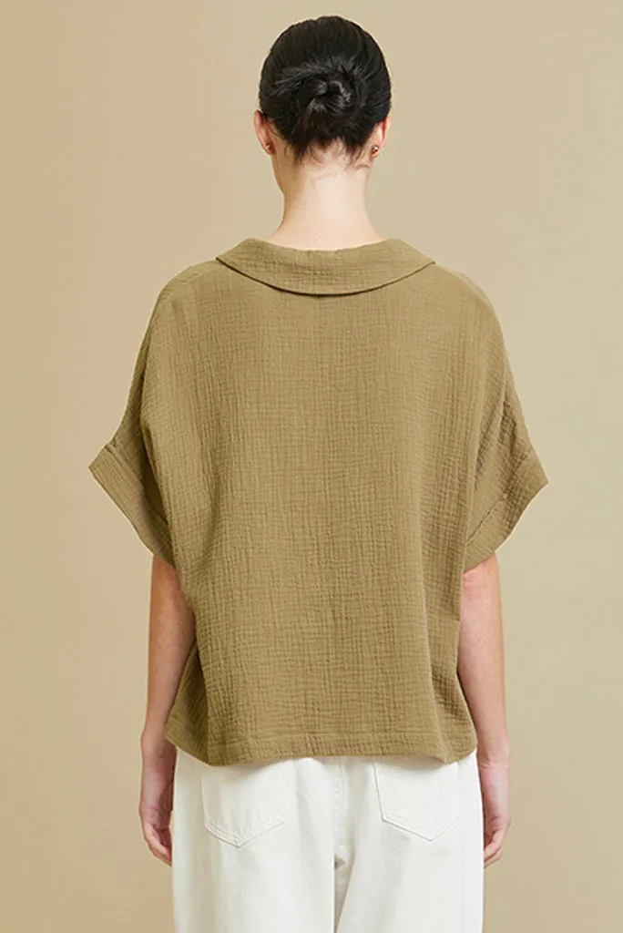 GRADE AND GATHER COTTON GAUZE SHIRT, SOY OR OLIVE