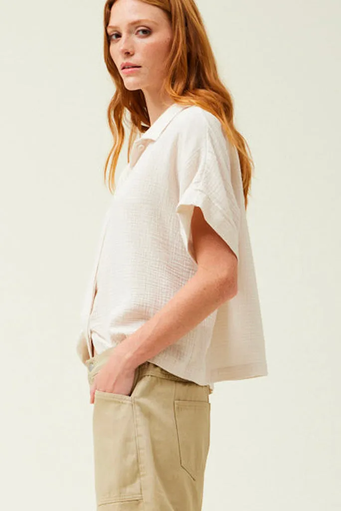 GRADE AND GATHER COTTON GAUZE SHIRT, SOY OR OLIVE