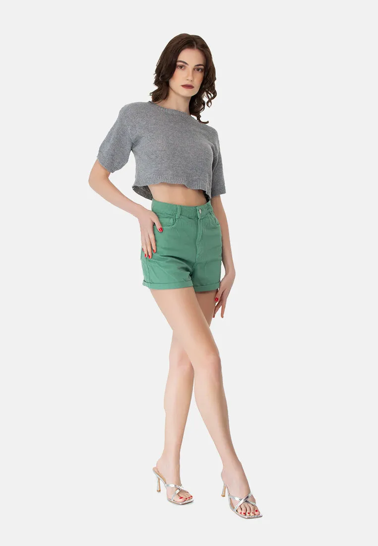 Green Basic Upturn Hem Shorts