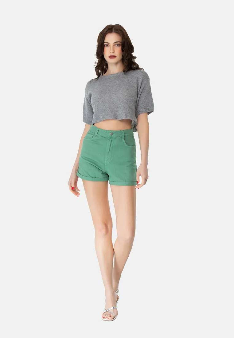 Green Basic Upturn Hem Shorts