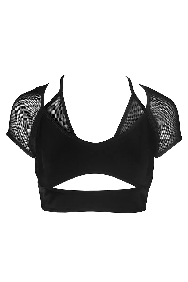 Hamade Activewear Mesh Hollow Front Crop Top - Black