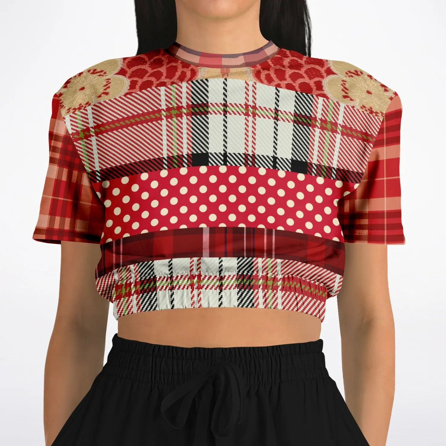 Jersey Salsa Red Plaid Short Sleeve Cropped Eco-Poly Sweater