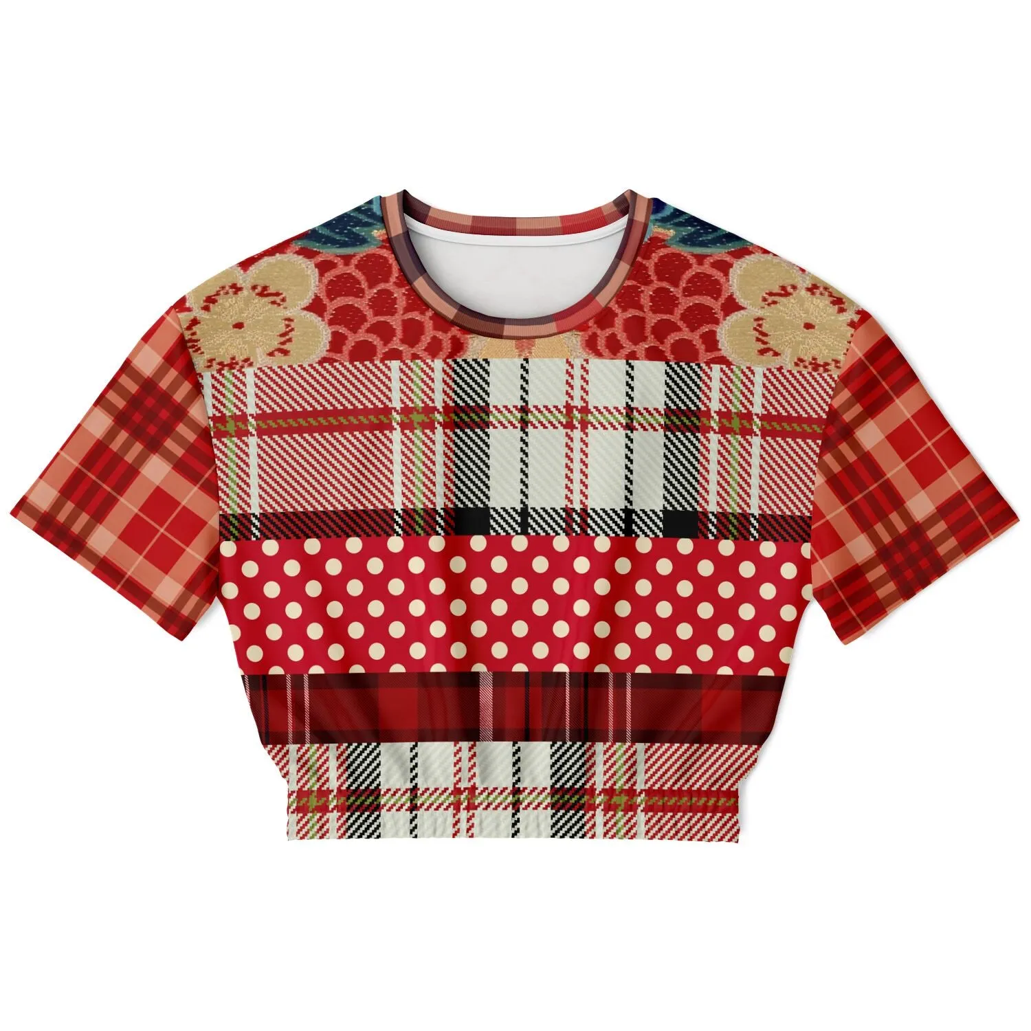 Jersey Salsa Red Plaid Short Sleeve Cropped Eco-Poly Sweater