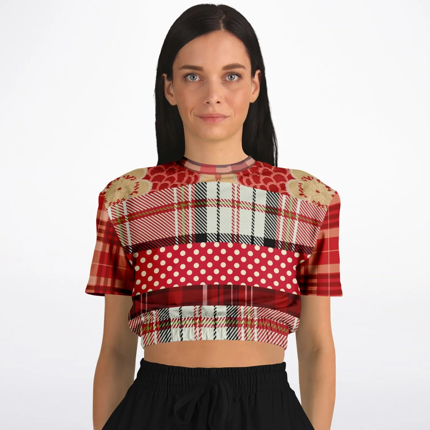 Jersey Salsa Red Plaid Short Sleeve Cropped Eco-Poly Sweater