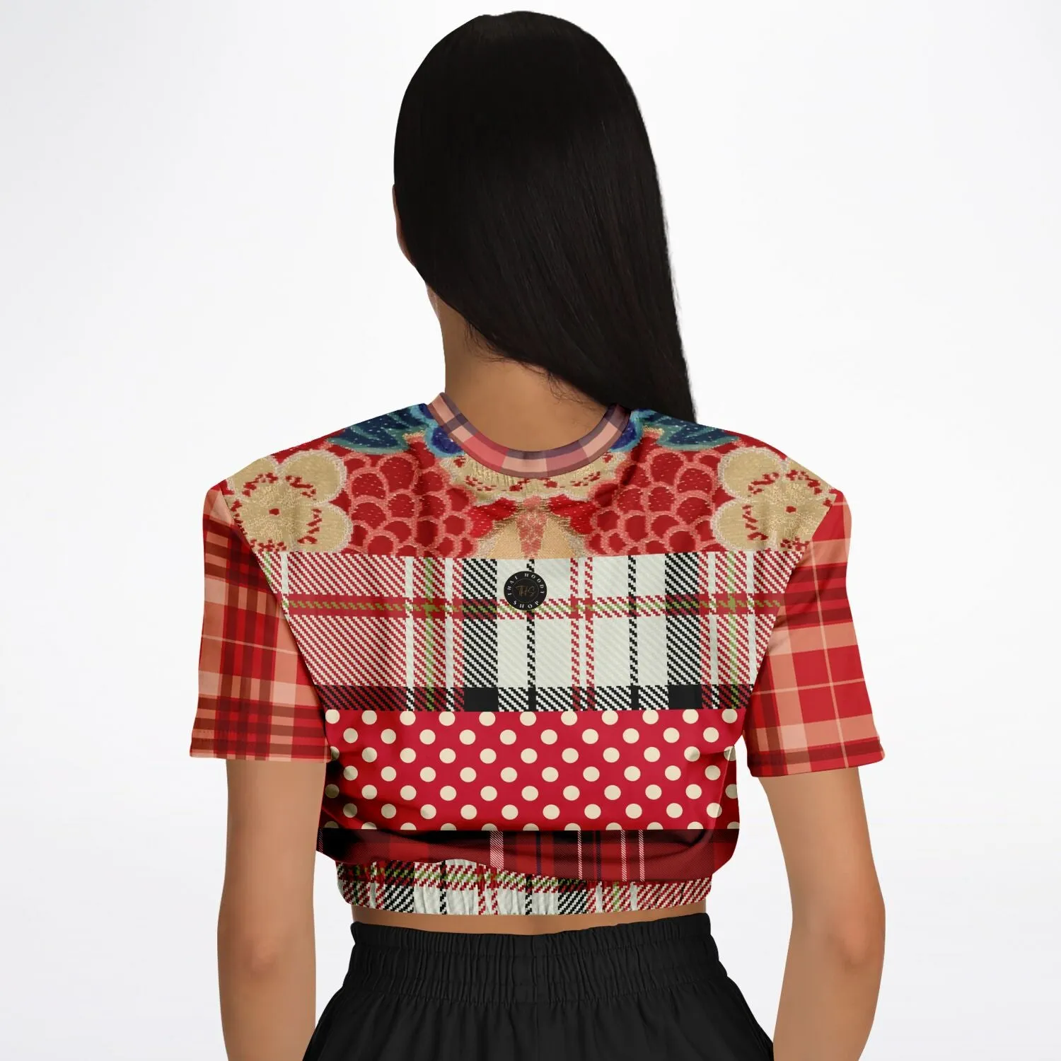 Jersey Salsa Red Plaid Short Sleeve Cropped Eco-Poly Sweater