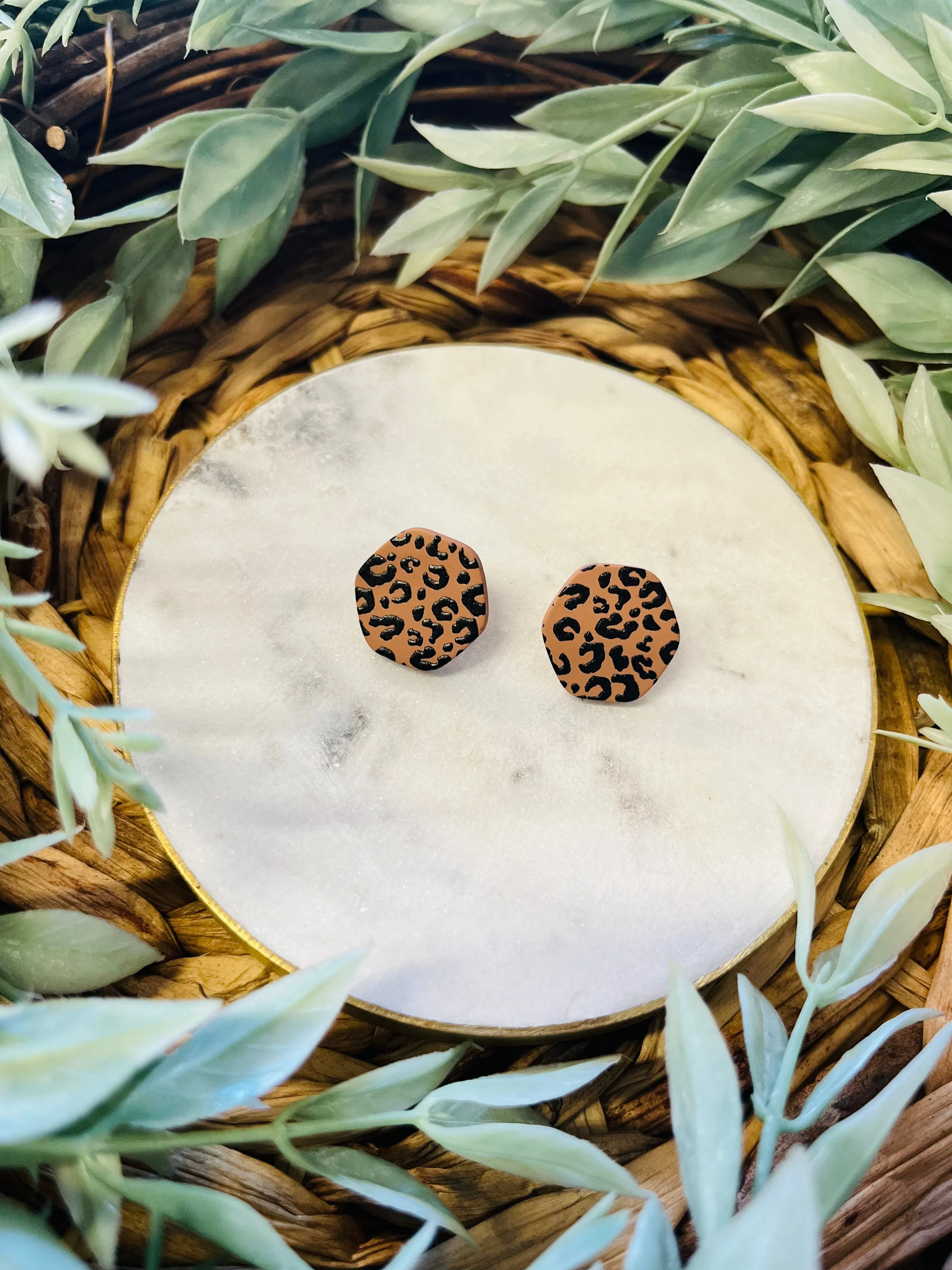 Kayla Hexagon Stud Earrings  Leopard