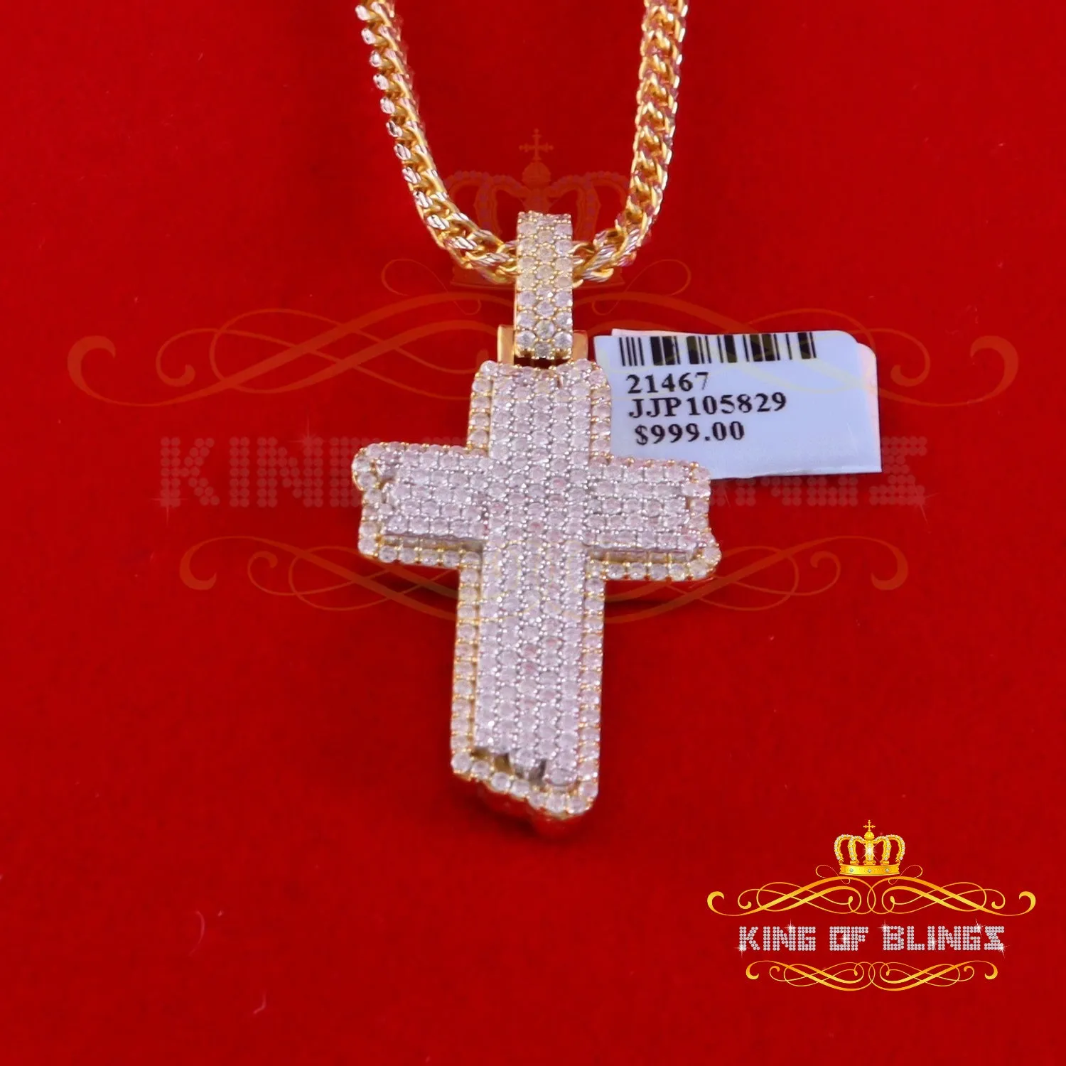 King Of Bling's Men's & Women 3.0ct VVS D Moissanite Yellow Sterling Silver Charm Cross Pendant