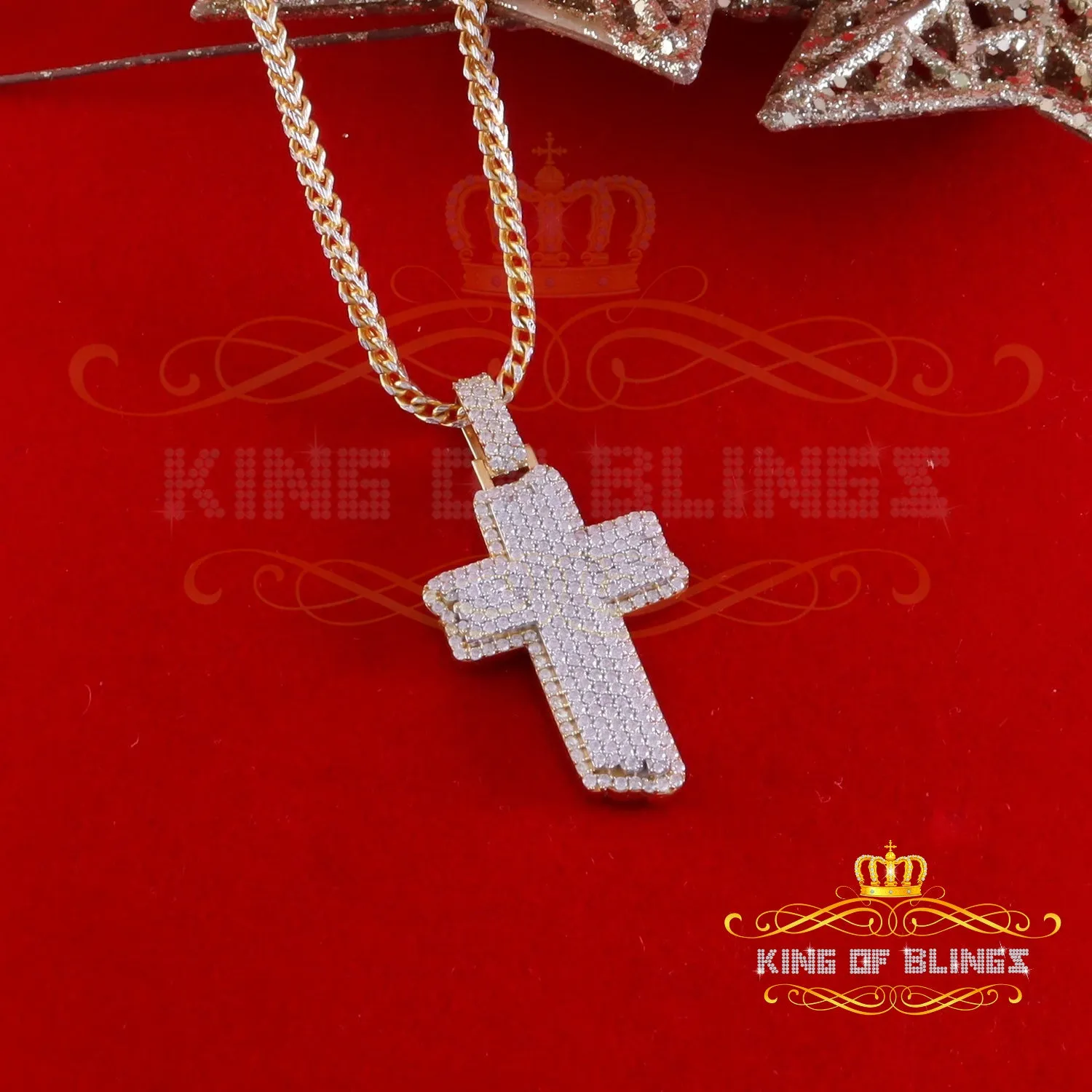 King Of Bling's Men's & Women 3.0ct VVS D Moissanite Yellow Sterling Silver Charm Cross Pendant