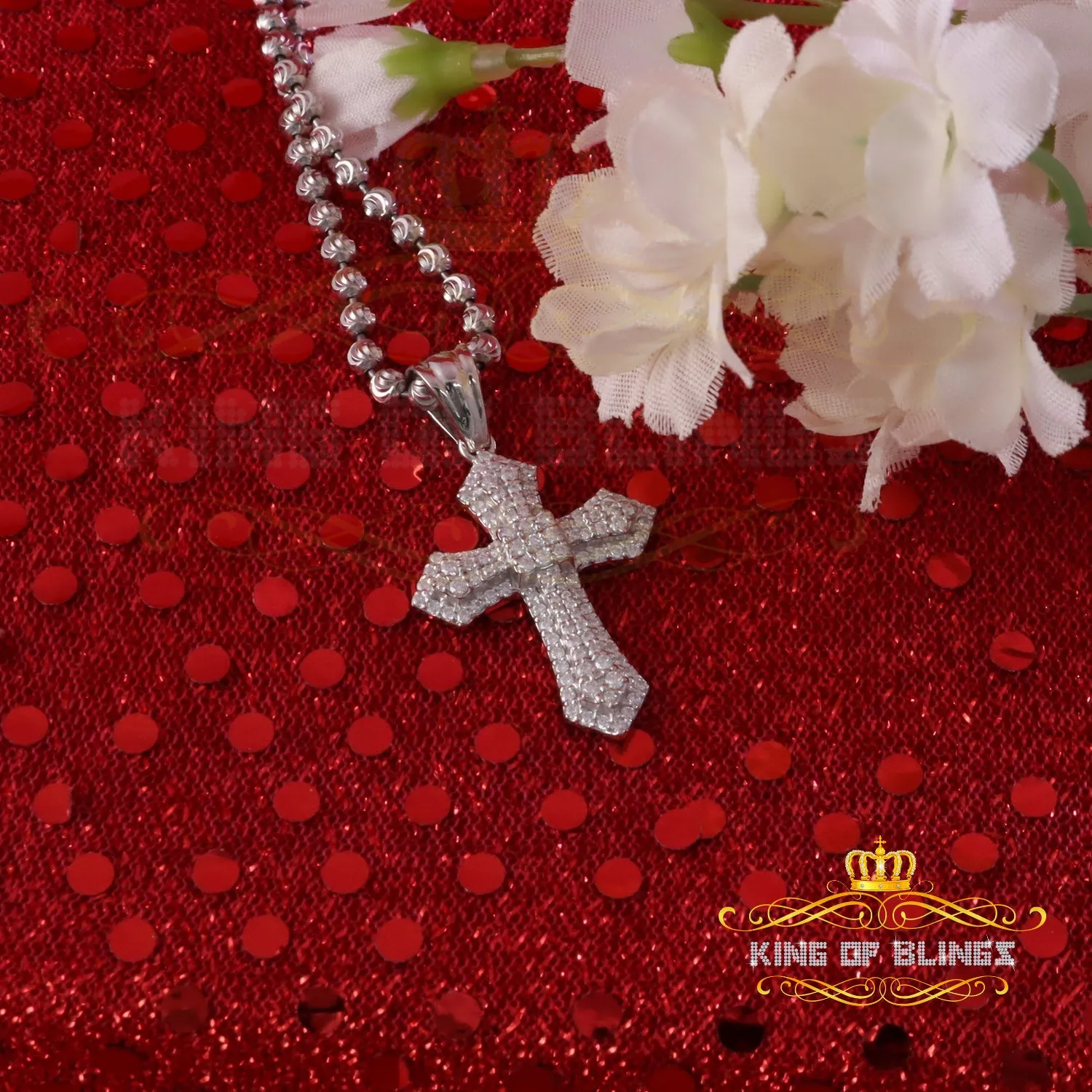 King Of Bling's New Pantone 925 White Sterling Silver 1.00ct VVS D Clr. Moissanite Cross Pendant