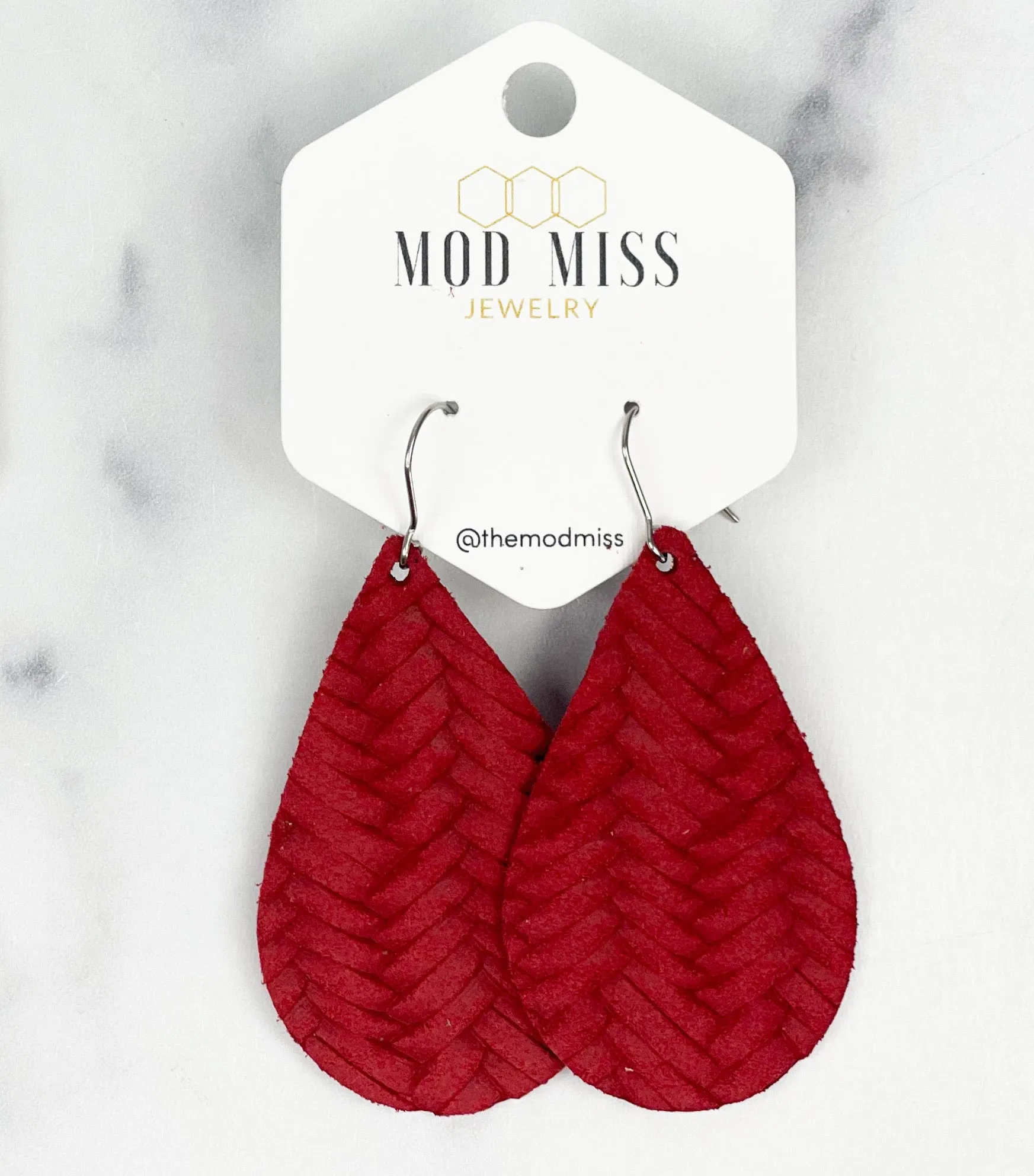 Leather Teardrop Earring Weaved Red