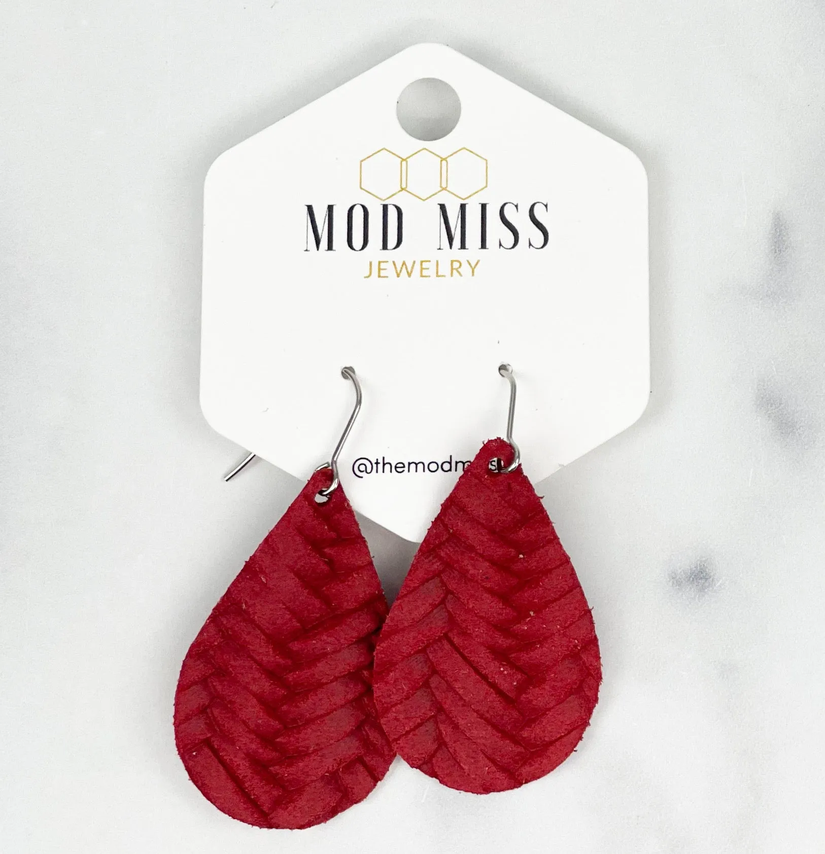 Leather Teardrop Earring Weaved Red