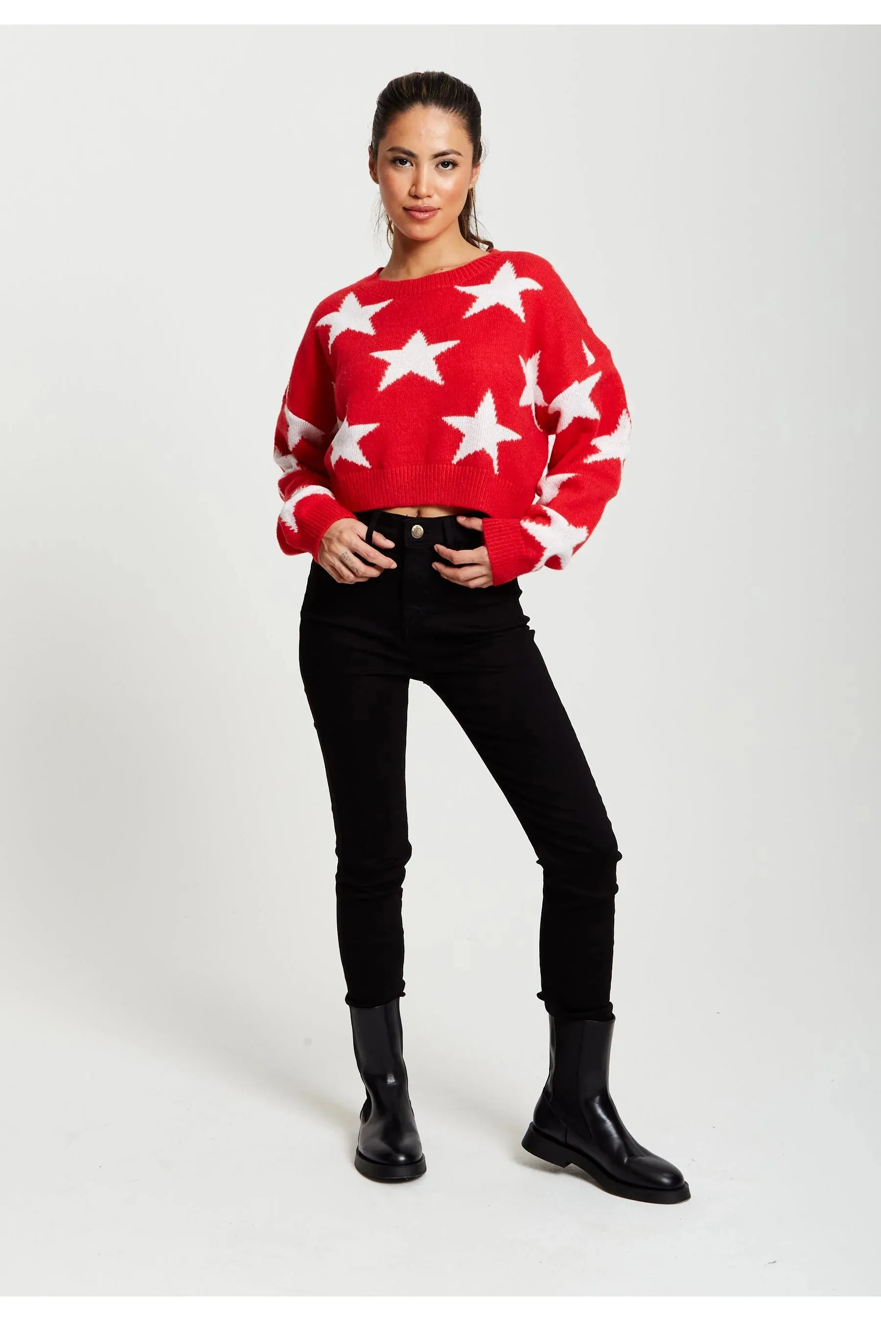 Liquorish Star Pattern Jumper In Red