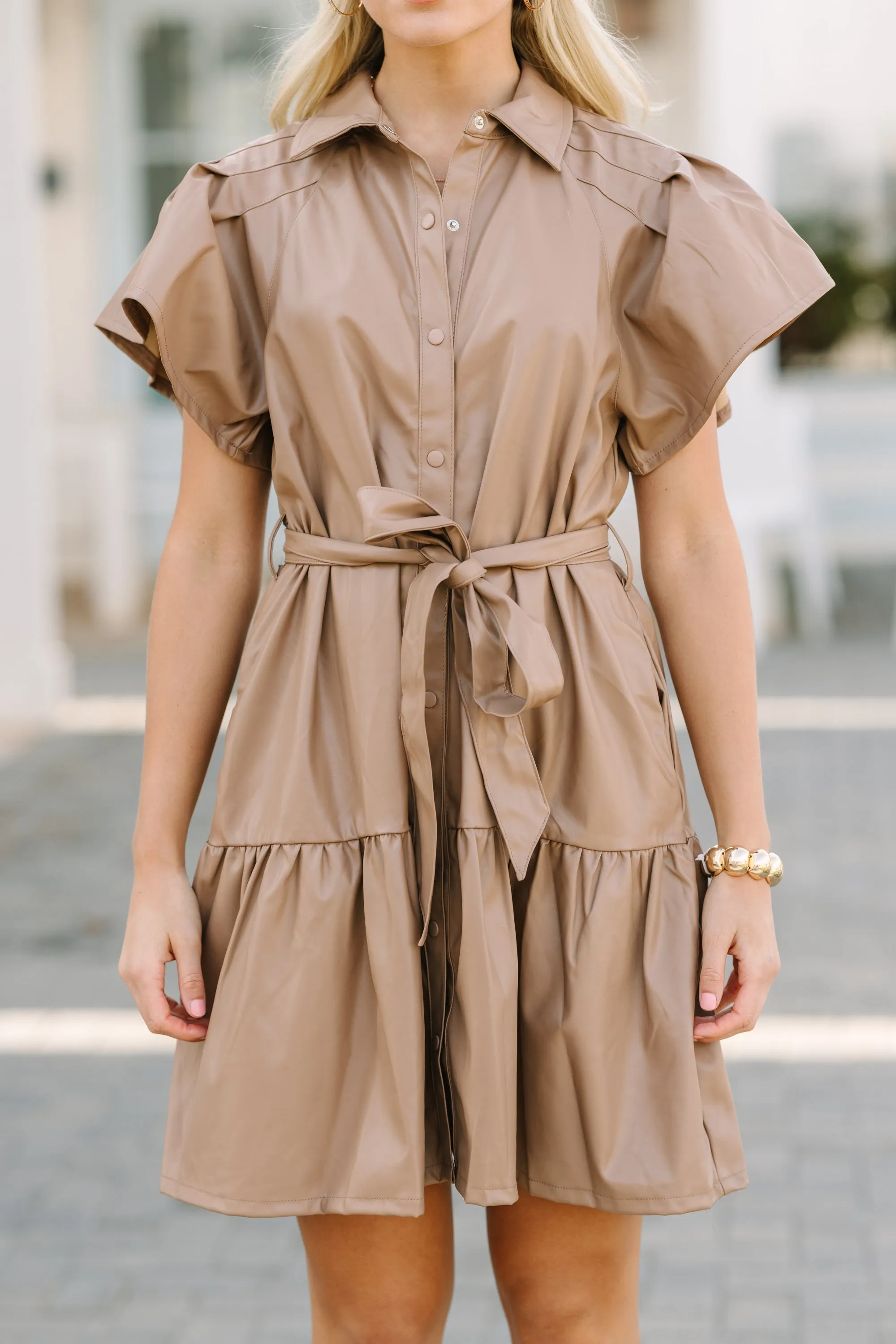 Look Of Love Tan Brown Faux Leather Dress