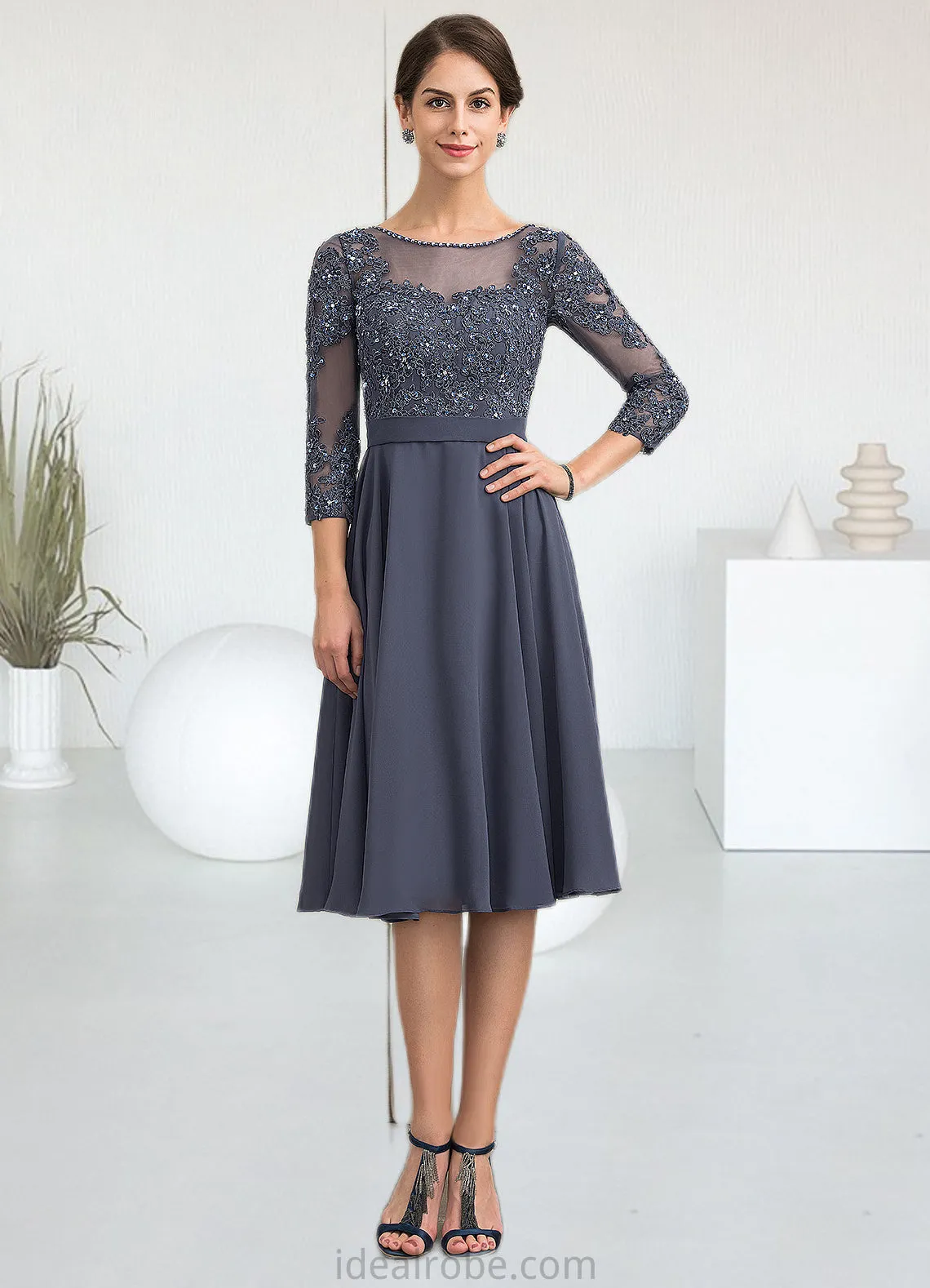 Melinda A-Line Scoop Neck Knee-Length Chiffon Lace Mother of the Bride Dress With Beading Sequins STK126P0014861