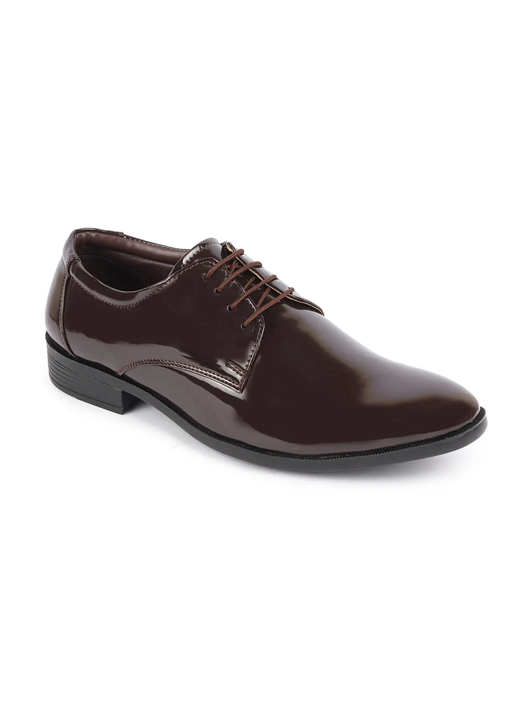 Men Brown Patent Leather Shine Party Wedding Pointed Toe Lace Up Derby Shoes