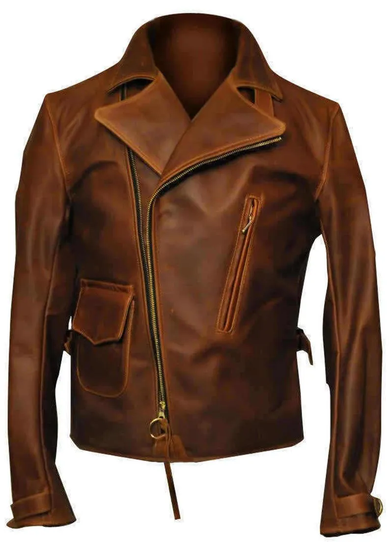 Mens Brando Cafe Racer Motorcycle Leather Jacket