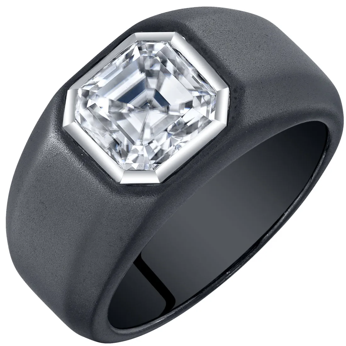 Men's Moissanite Black Signet Ring Sterling Silver Asscher Cut 3 Carats Size 12