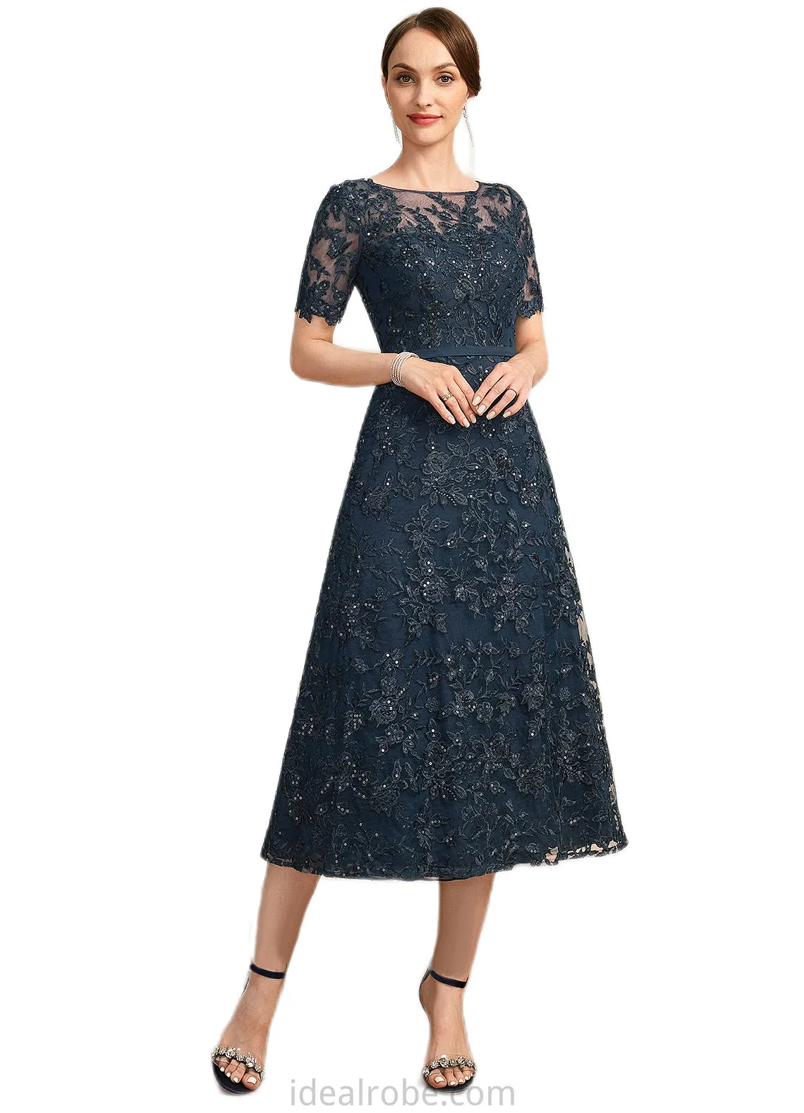 Miracle A-line Scoop Illusion Tea-Length Lace Mother of the Bride Dress With Sequins STKP0021781