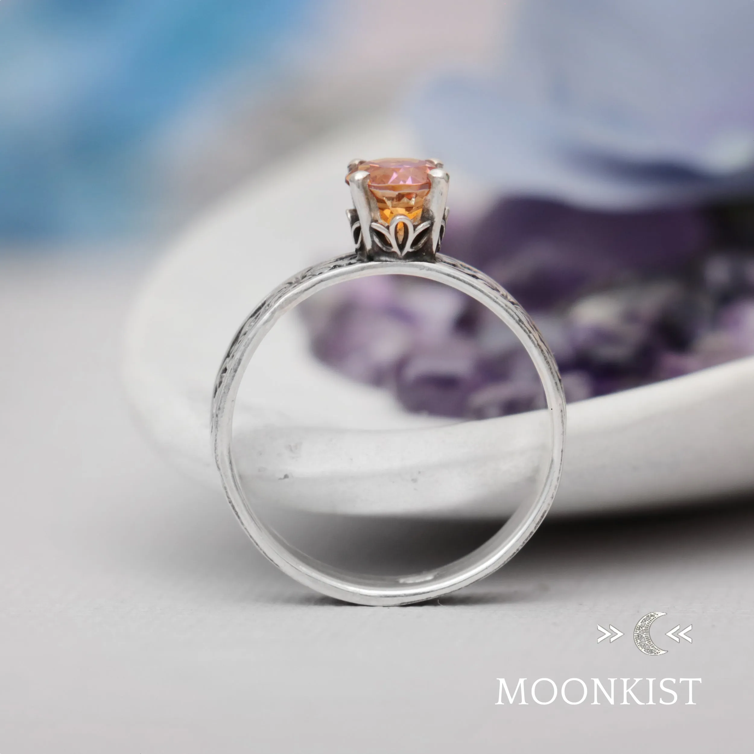 Morning Glory Flower Engraved Engagement Ring  | Moonkist Designs