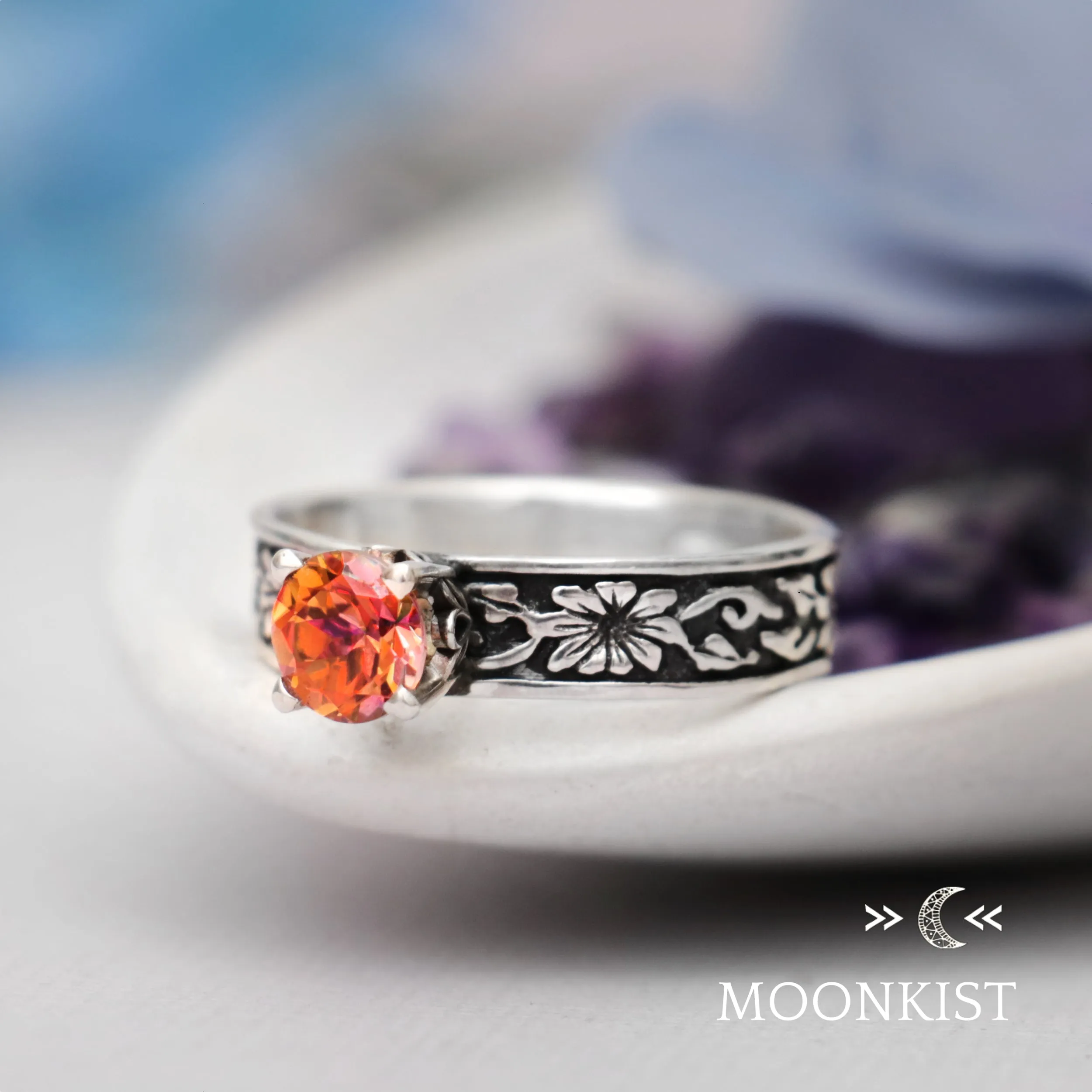 Morning Glory Flower Engraved Engagement Ring  | Moonkist Designs