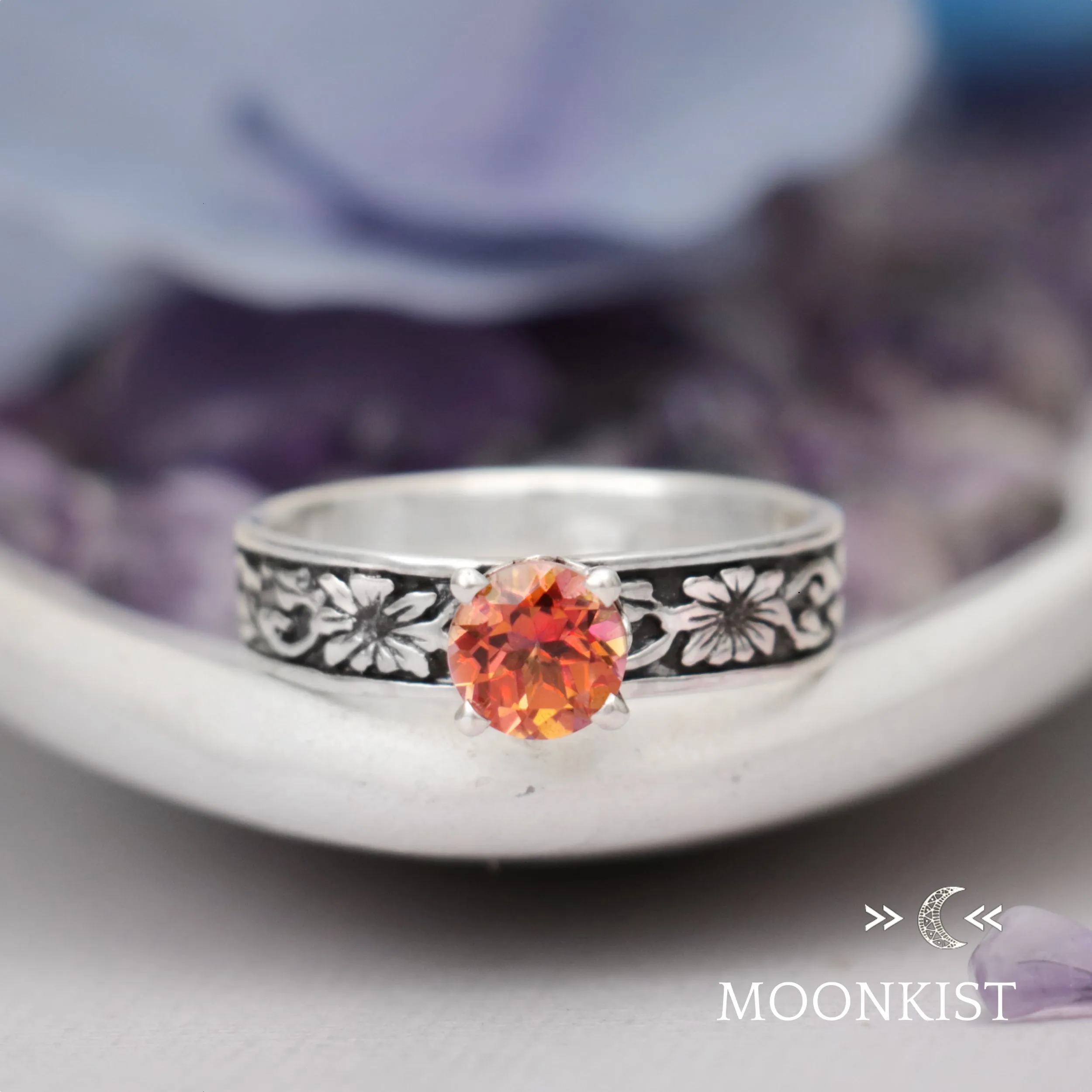 Morning Glory Flower Engraved Engagement Ring  | Moonkist Designs