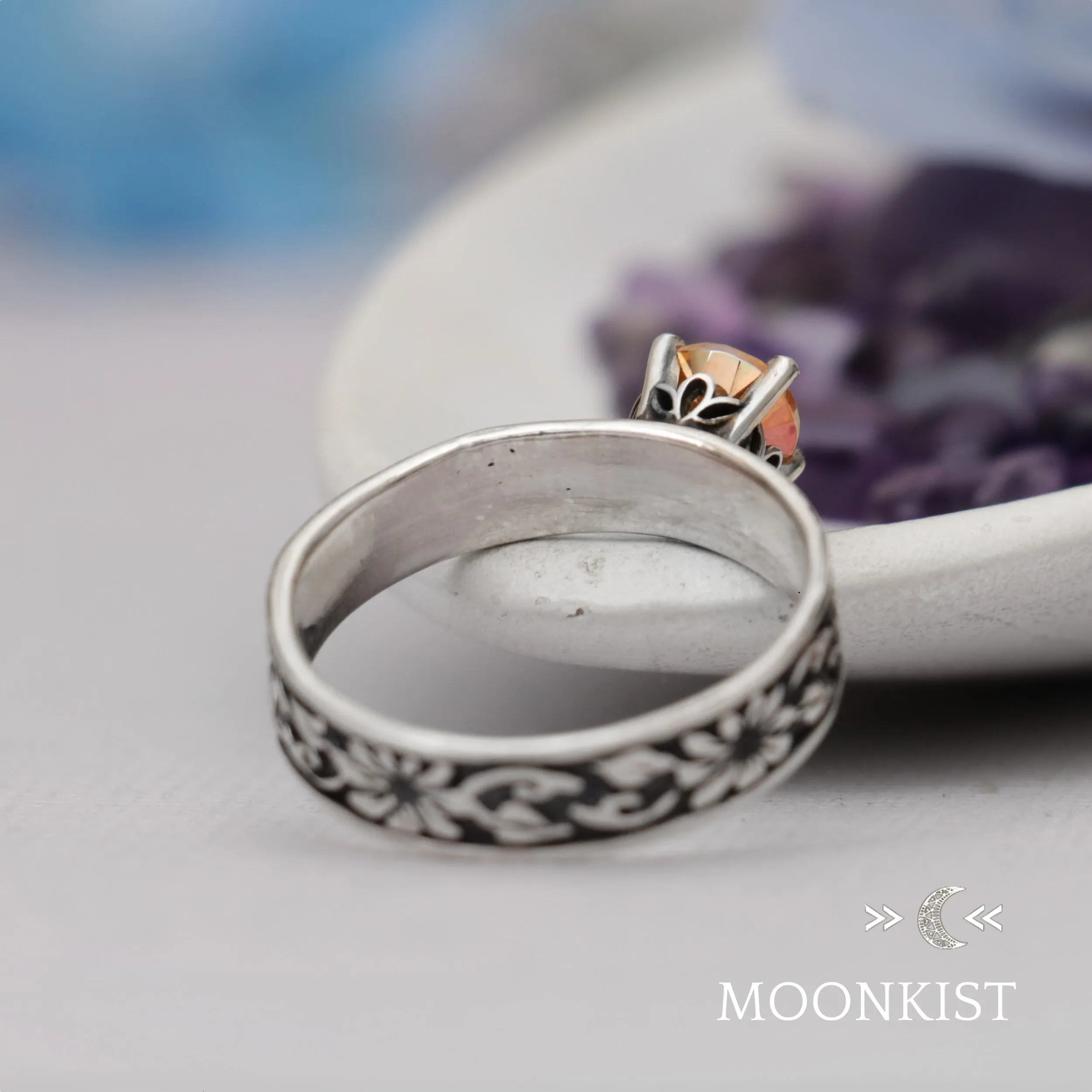 Morning Glory Flower Engraved Engagement Ring  | Moonkist Designs