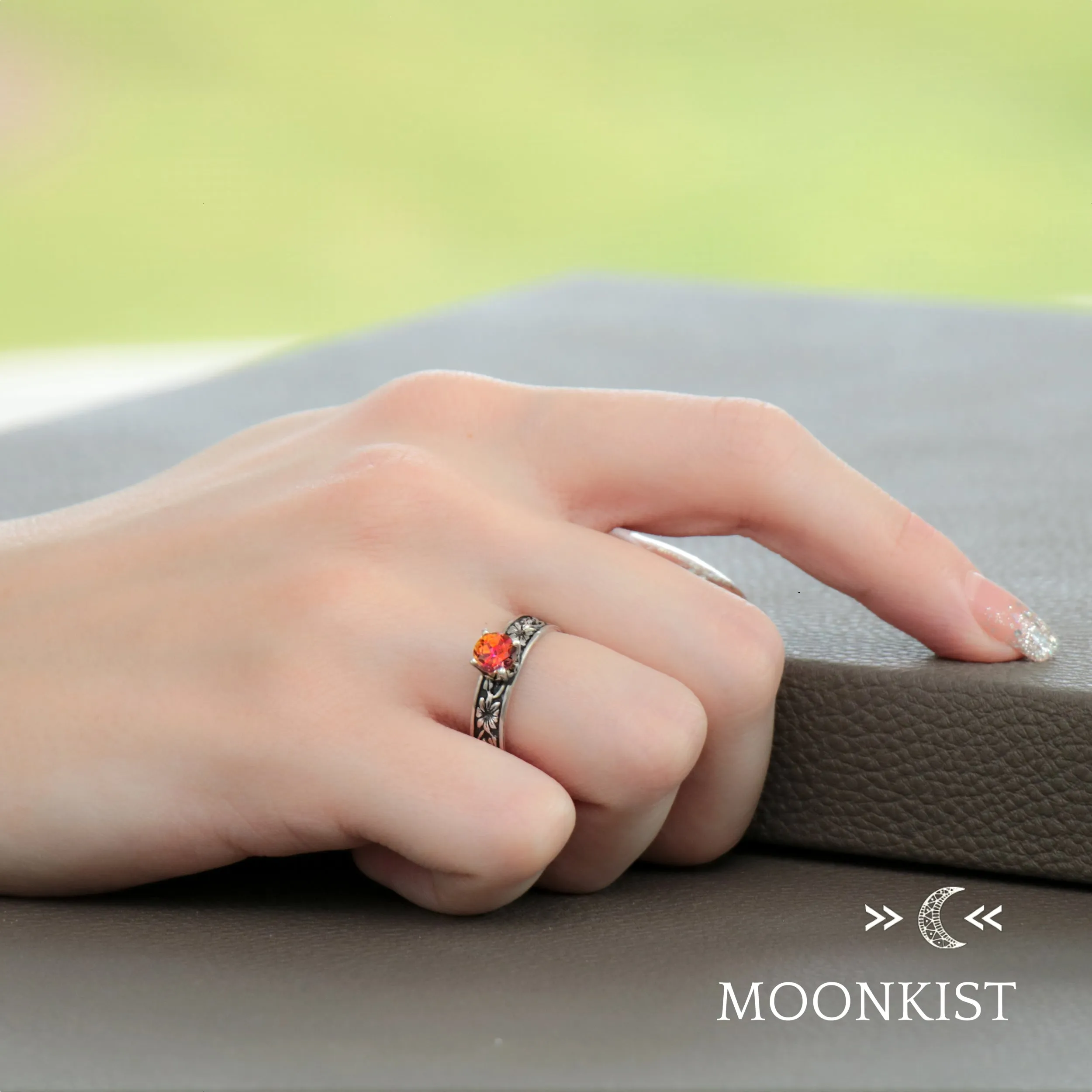 Morning Glory Flower Engraved Engagement Ring  | Moonkist Designs