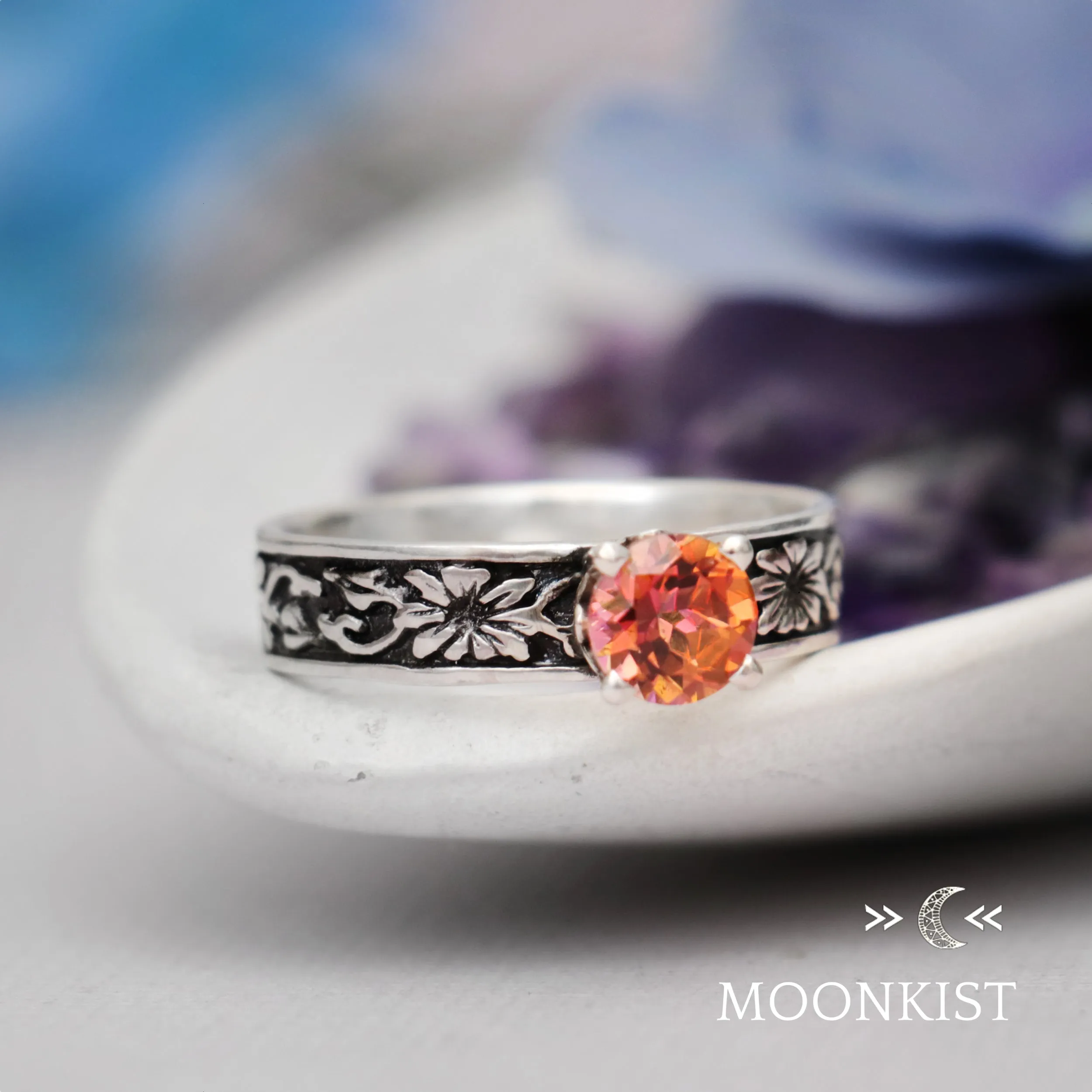 Morning Glory Flower Engraved Engagement Ring  | Moonkist Designs