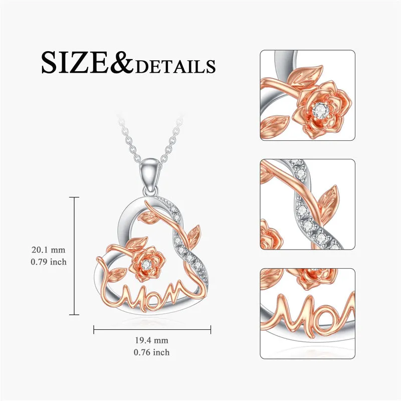 Mothers Day Gifts Diamond Mom Necklace for Women 925 Sterling Silver Heart Necklace Mom Pendant Jewelry Gifts for Women Mom Wife