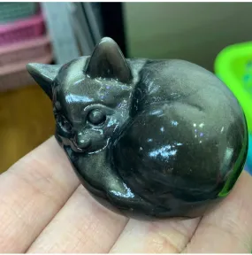 Natural Silver Obsidian sleeping Kitty Cat