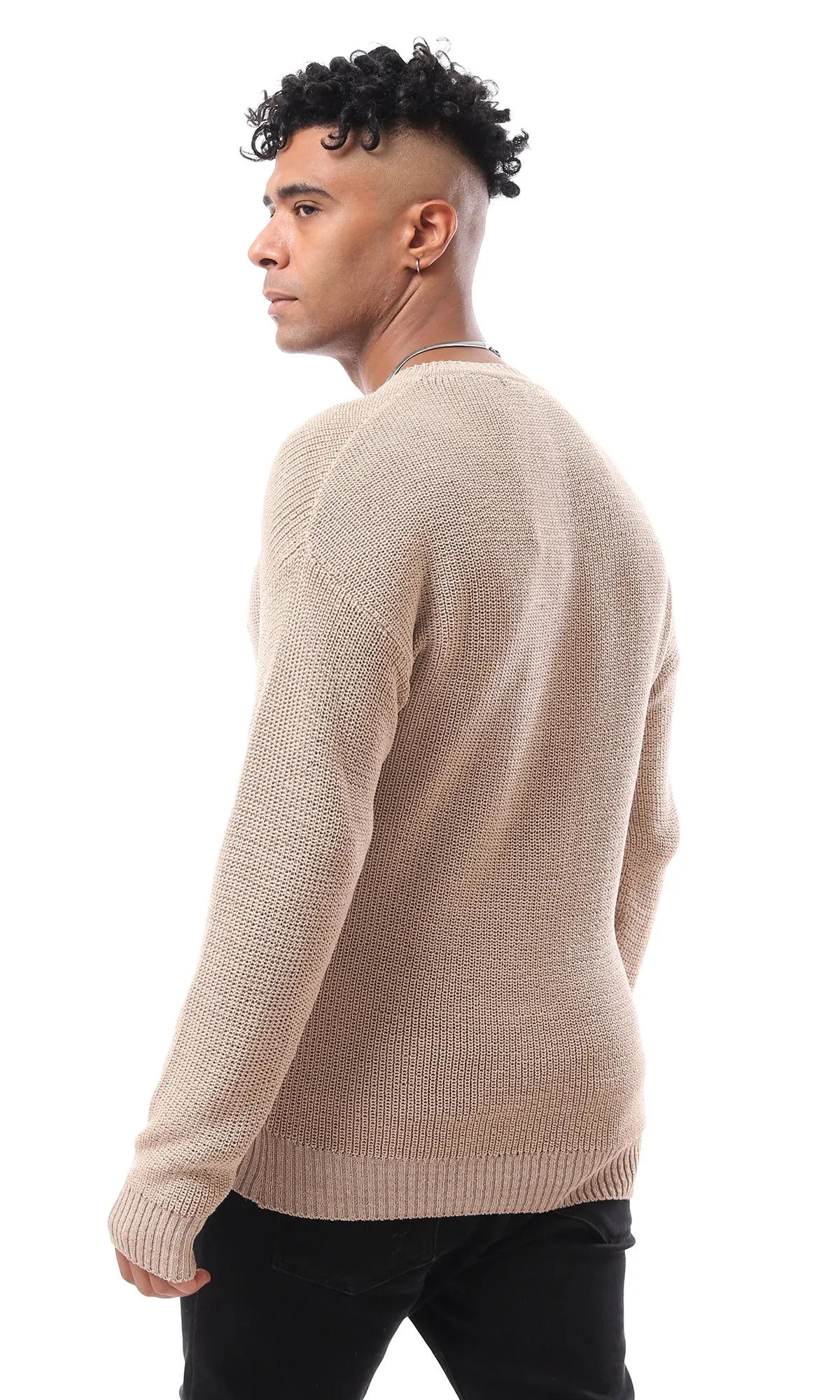 O171146 Light Beige V-Neck Knitted Pullover