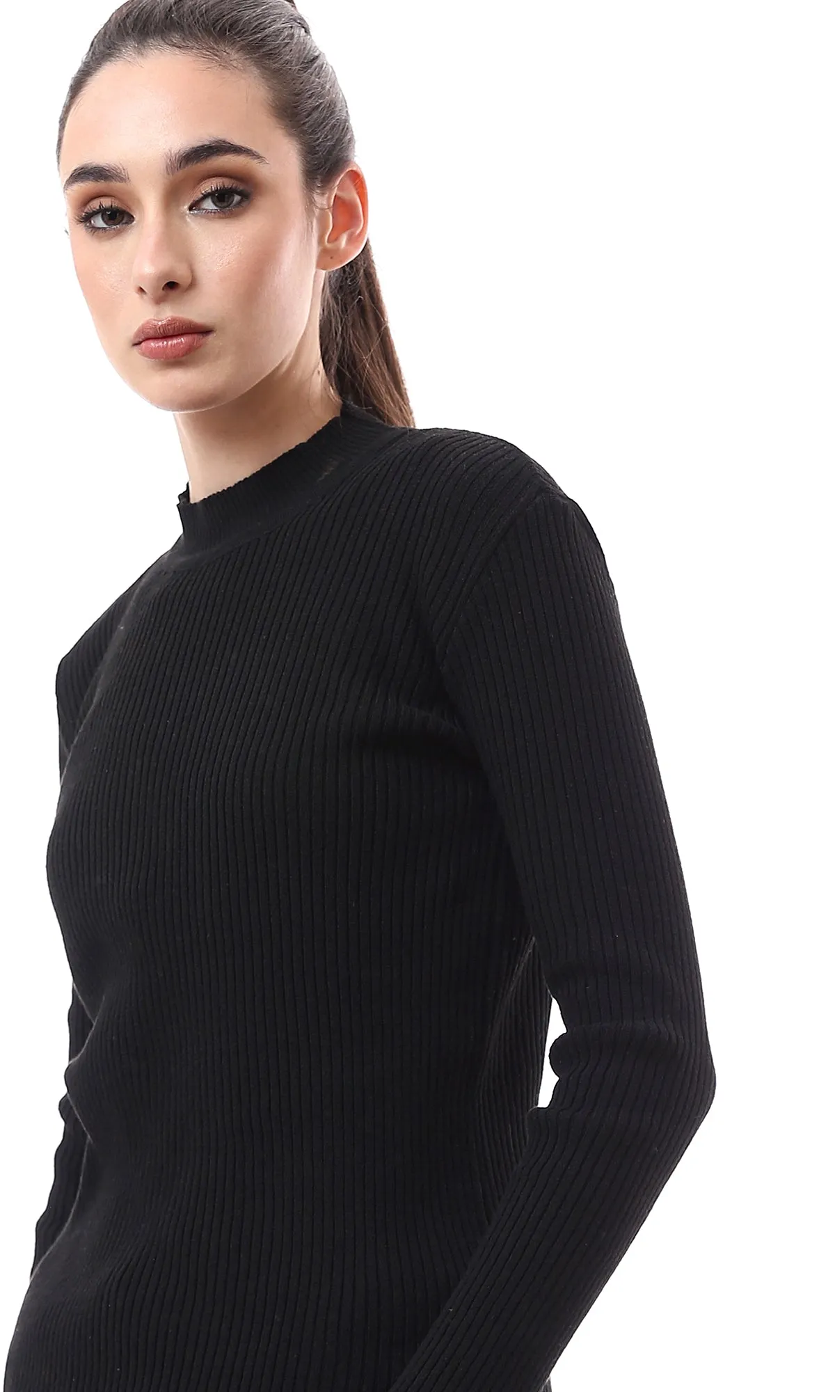 O172556 Regular Fit Black Basic Ribbed Pullover