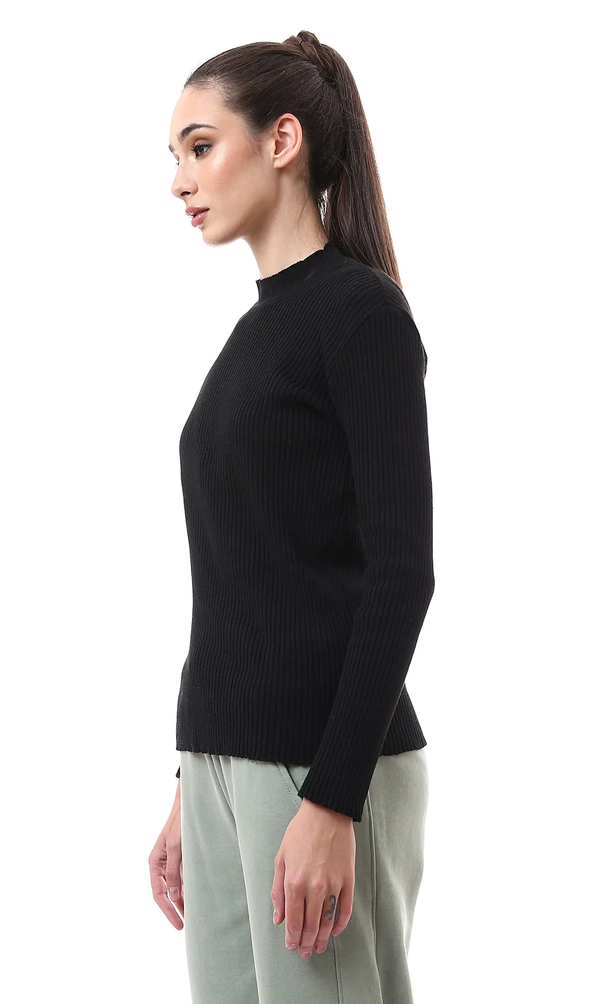 O172556 Regular Fit Black Basic Ribbed Pullover