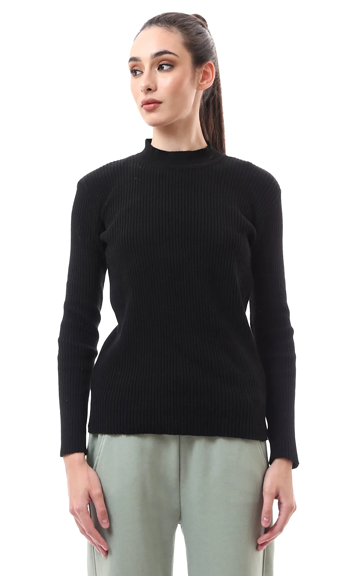 O172556 Regular Fit Black Basic Ribbed Pullover