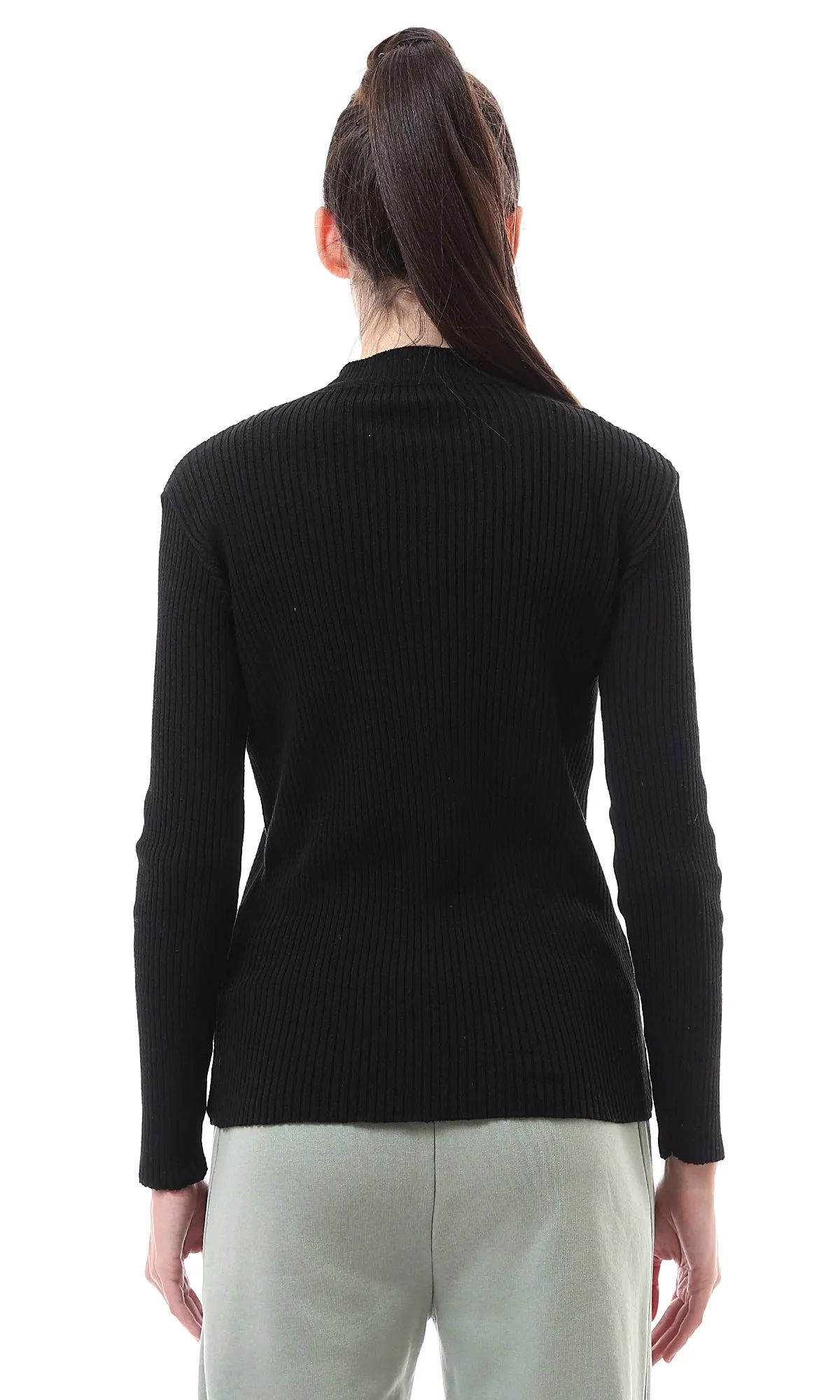 O172556 Regular Fit Black Basic Ribbed Pullover