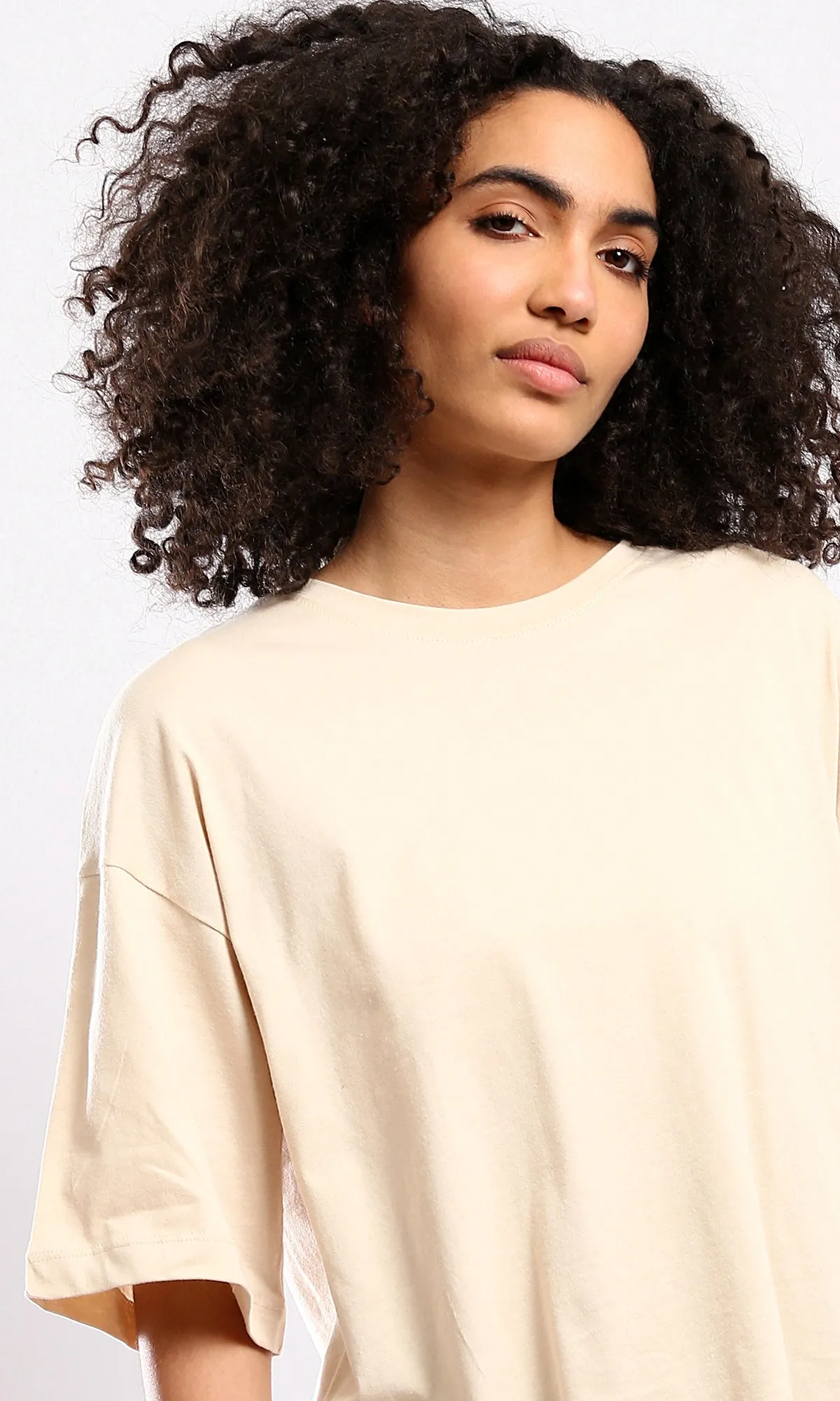 O179810 Beige Elbow-Sleeves Tee With Crew Neck